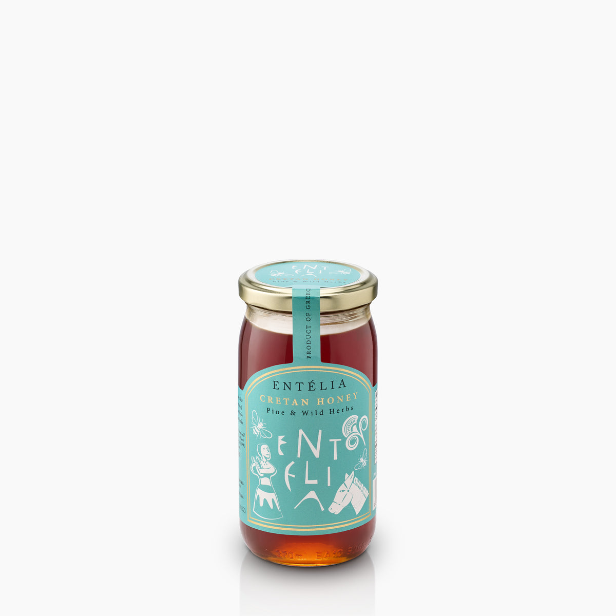Angled view of 450g jar of Entelia Pine & Wild Herbs Cretan Honey from Greece.