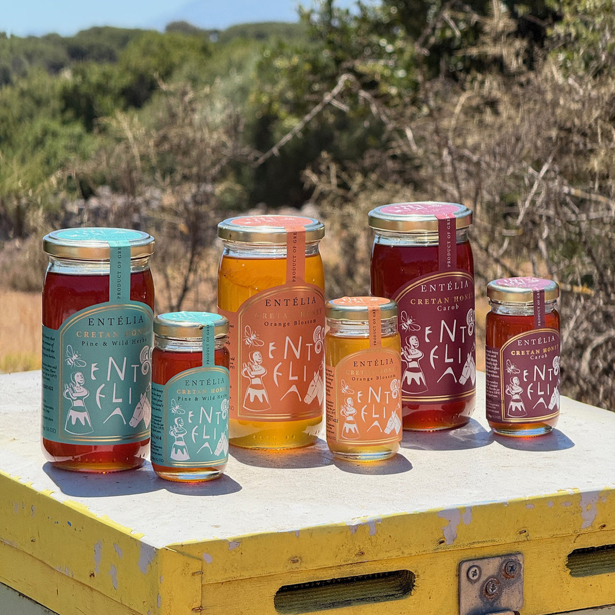 Assorted Entelia Cretan honey jars; Pine and Wild Herbs, Orange Blossom, and Carob.