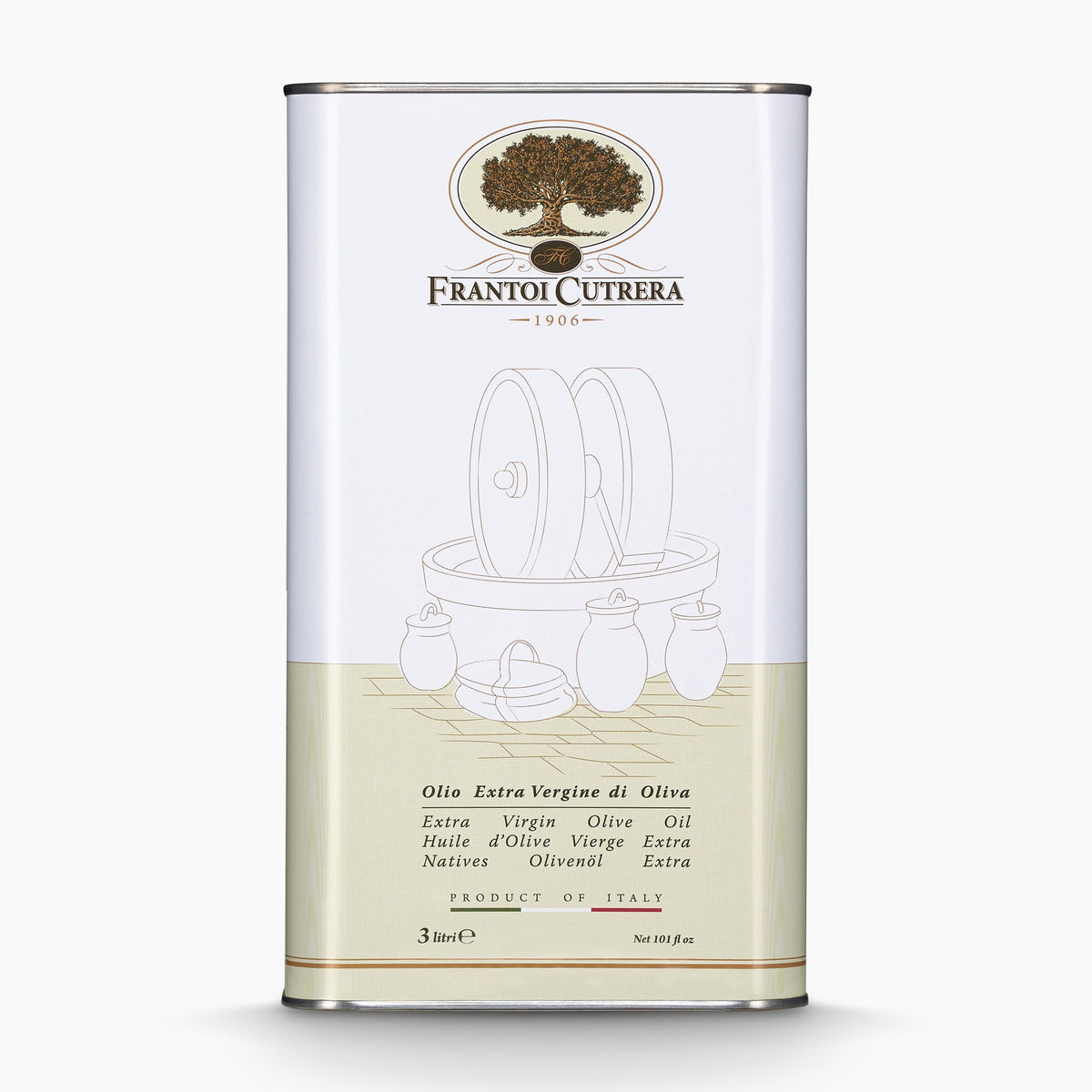 A 3L Tin of Frantoi Cutrera extra virgin olive oil.