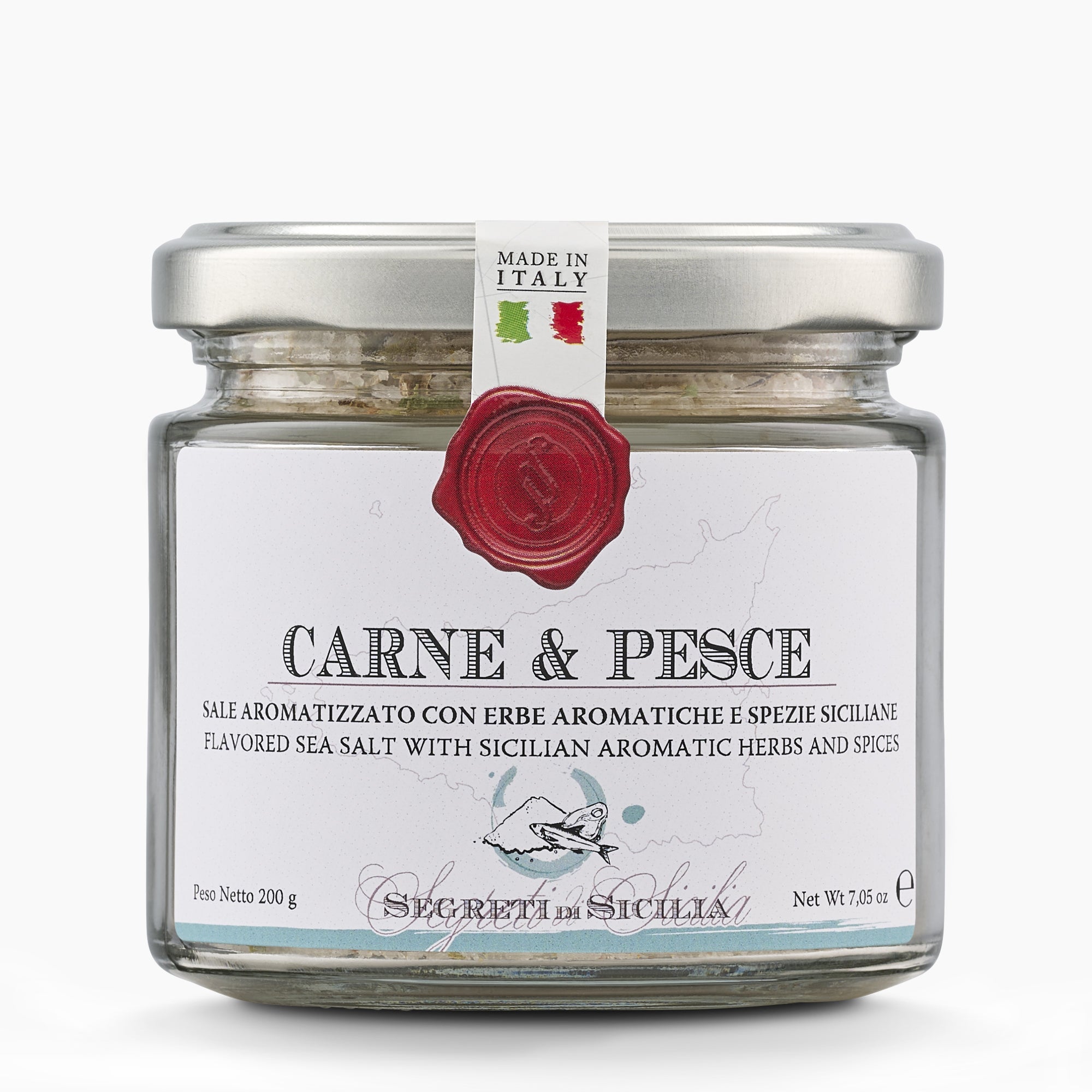 200g jar of Frantoi Cutrera Carne & Pesce Sicilian Sea Salt with Herbs & Spices.