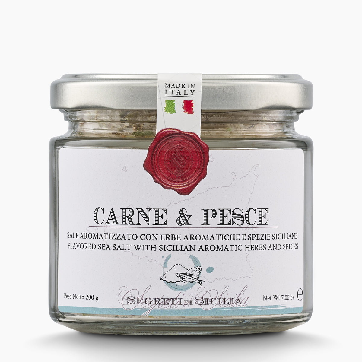 200g jar of Frantoi Cutrera Carne & Pesce Sicilian Sea Salt with Herbs & Spices.