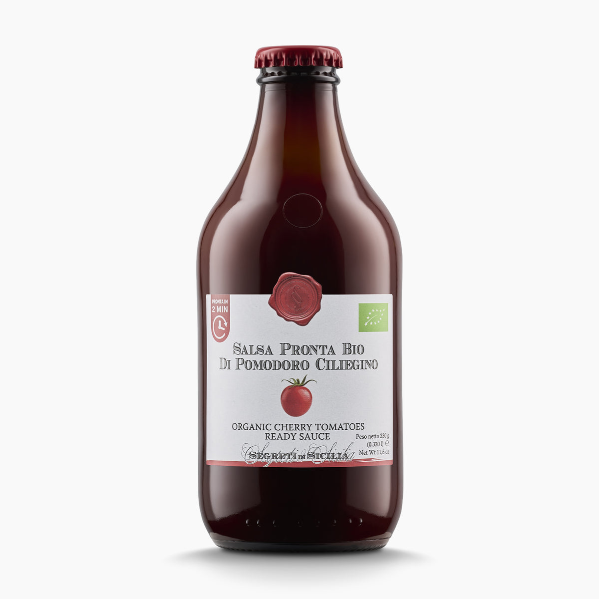 330g bottle of Frantoi Cutrera Organic Cherry Tomato Ready Sauce from Sicily, Italy.