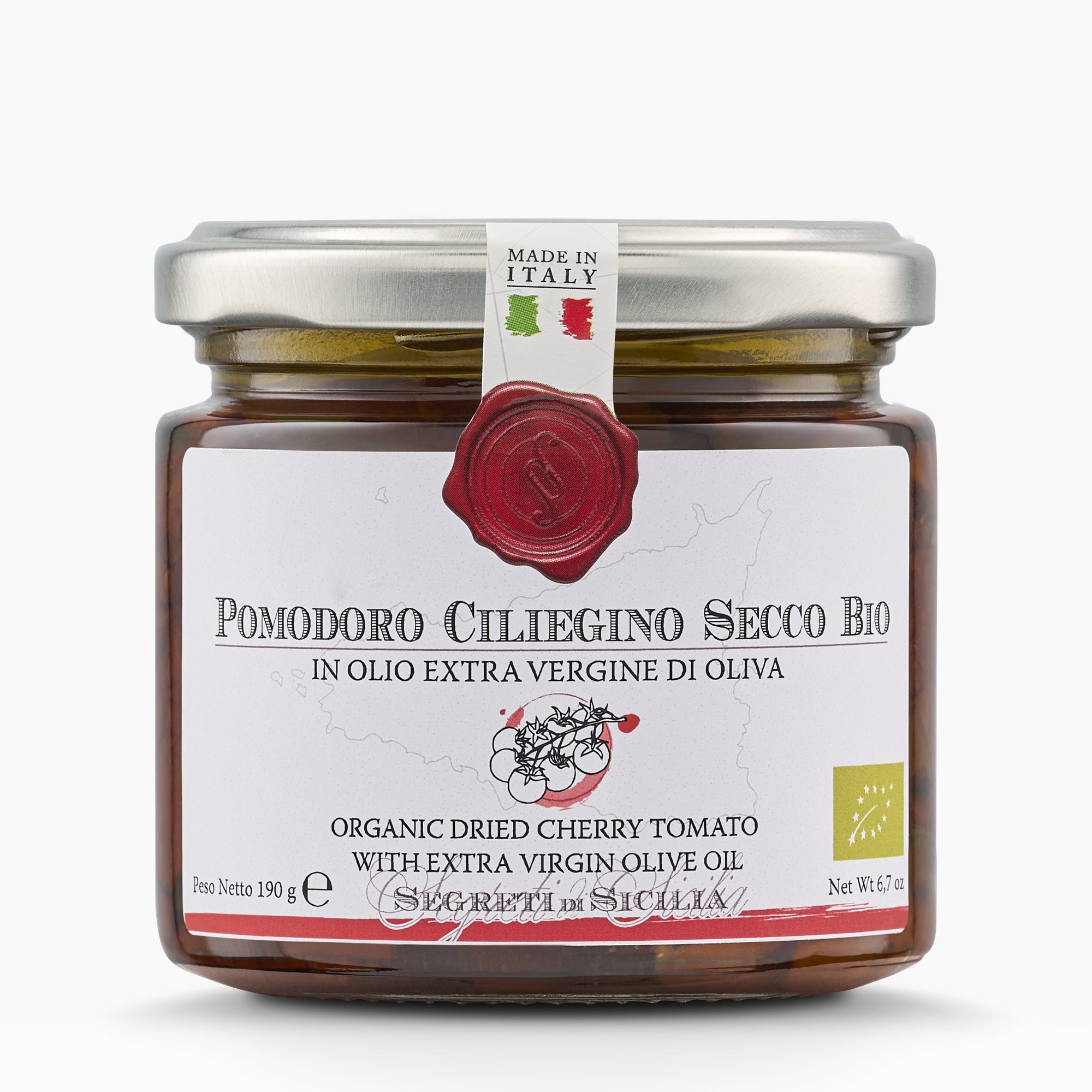 190g jar of Frantoi Cutrera Organic Dried Cherry Tomatoes from Italy.