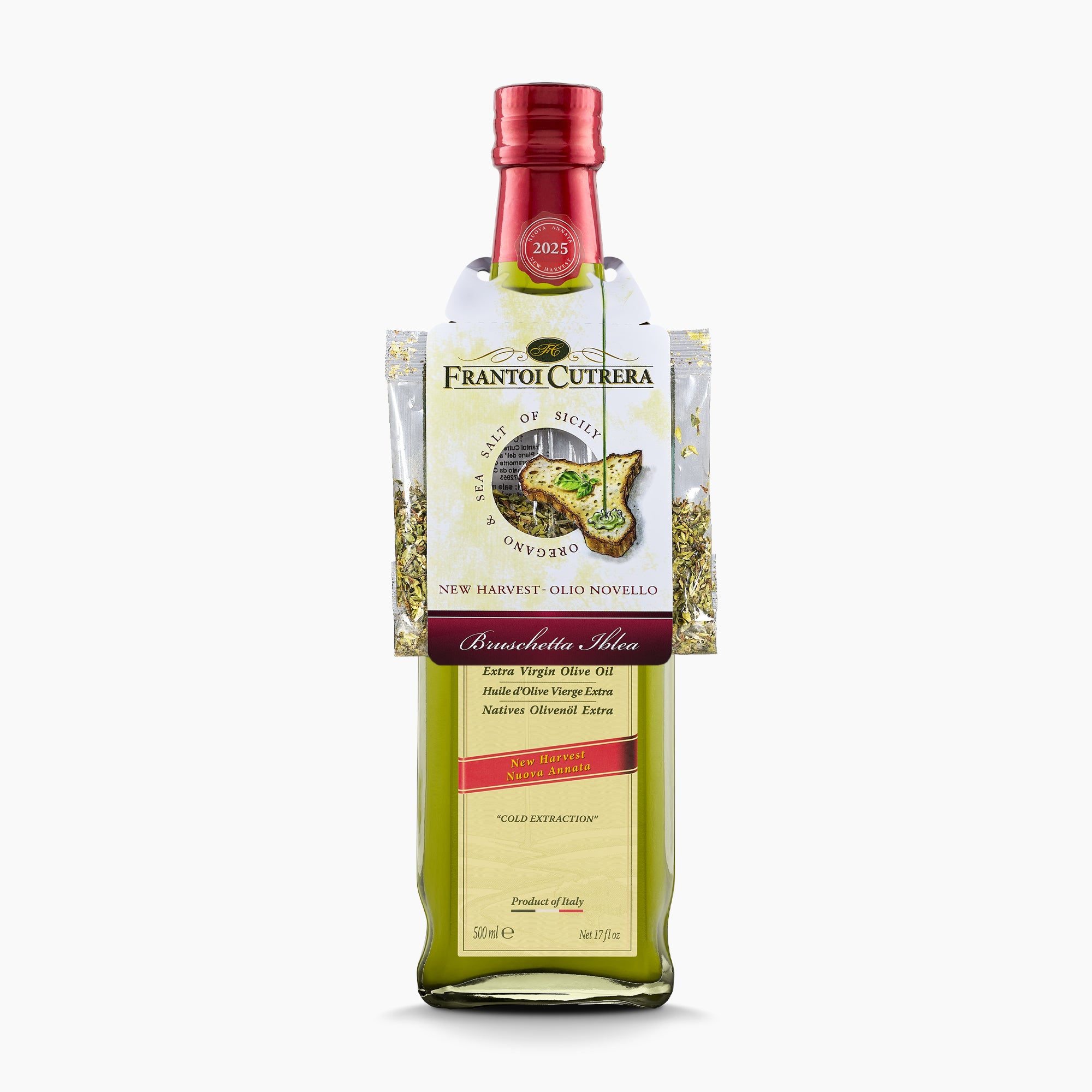 Frantoi Cutrera Frescolio Novello 500ml bottle with Sicilian sea salt and oregano packets.