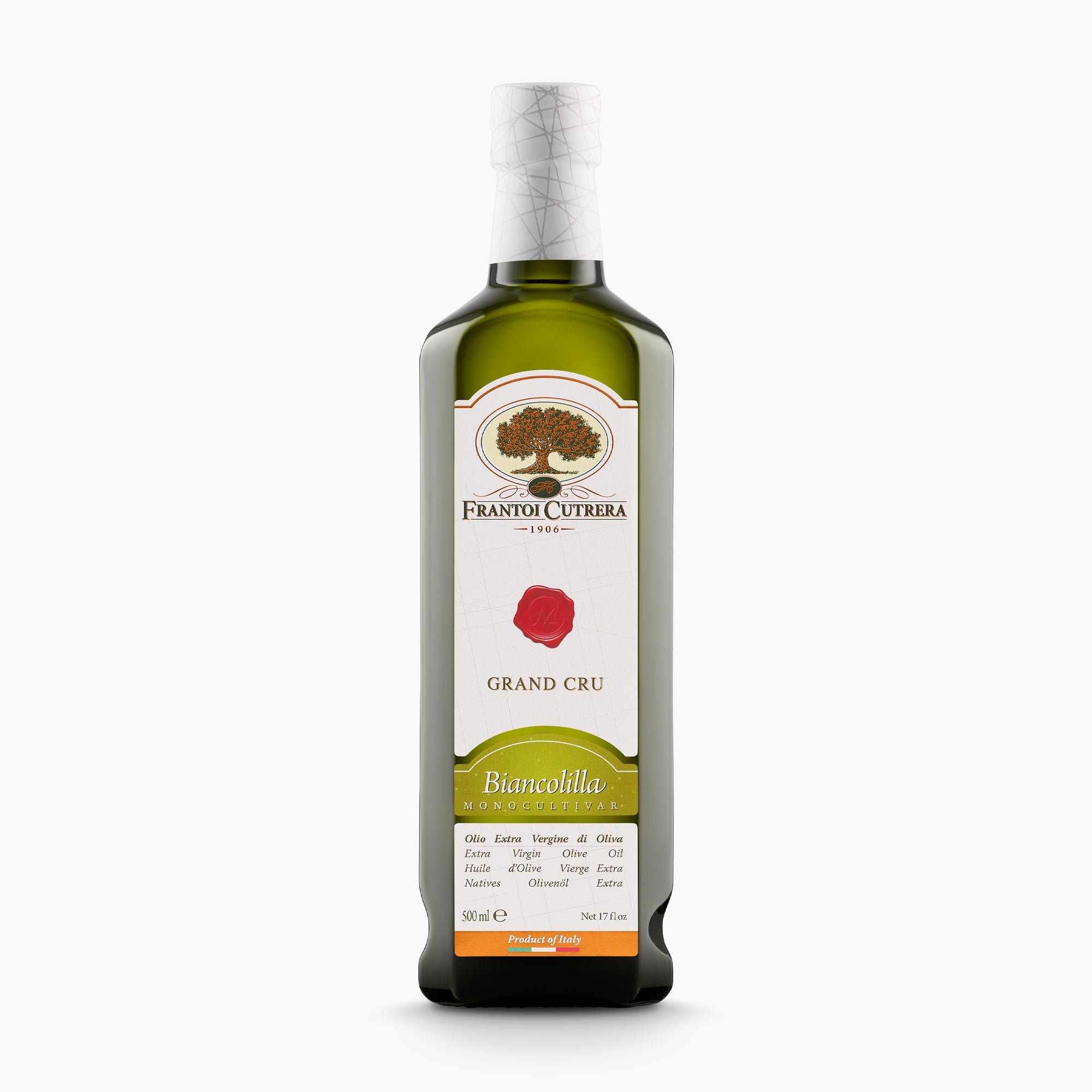 500 ml bottle of Frantoi Cutrera Grand Cru Biancolilla extra virgin olive oil.