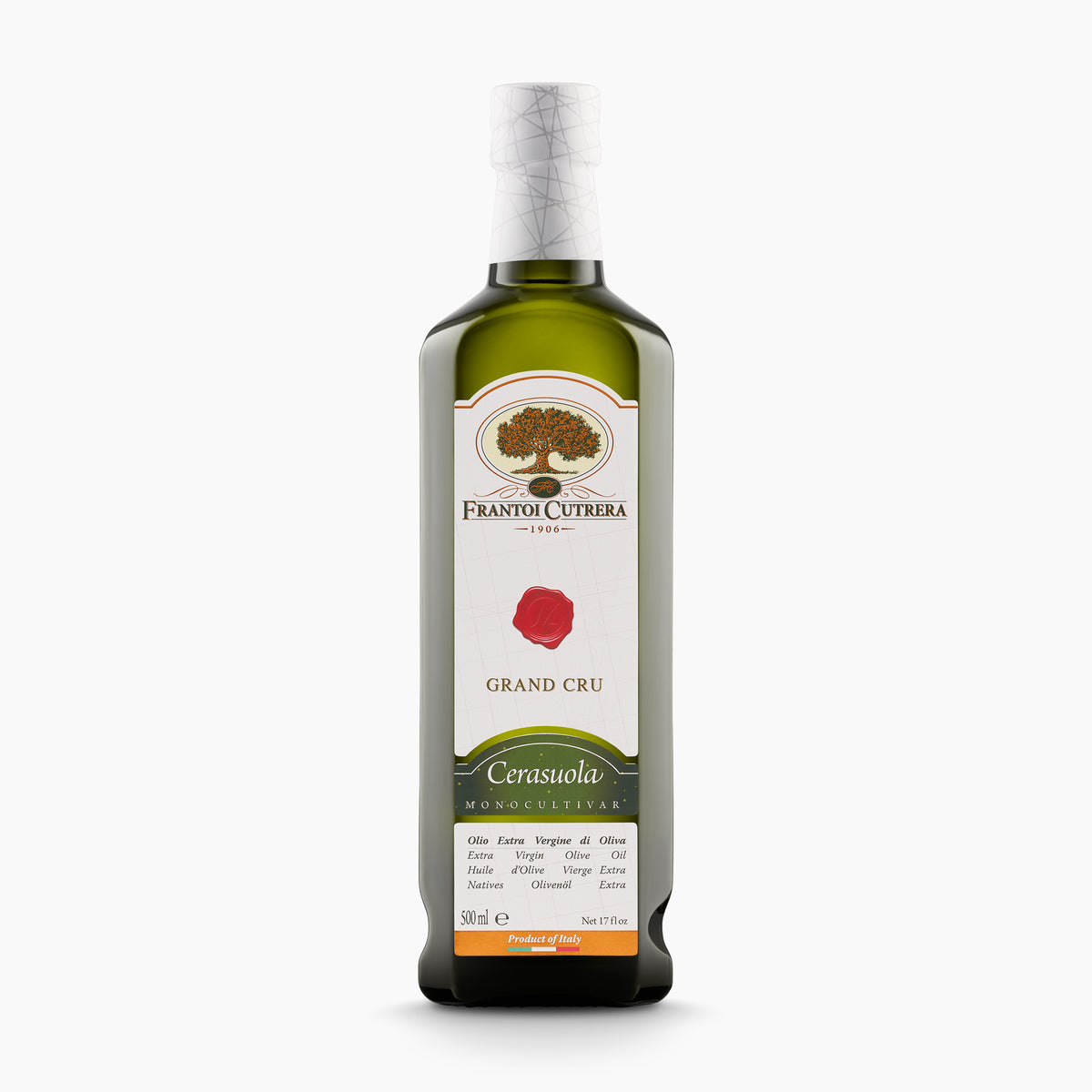 500 ml bottle of Frantoi Cutrera Grand Cru Cerasuola extra virgin olive oil from Sicily, Italy.
