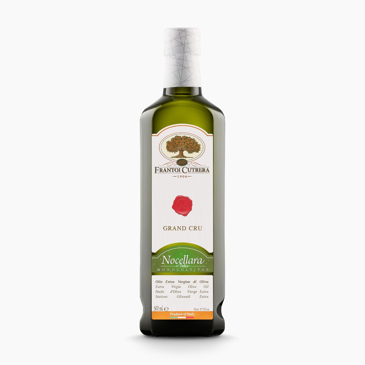 A 500 ml bottle of Frantoi Cutrera Grand Cru Nocellara del Belice extra virgin olive oil.