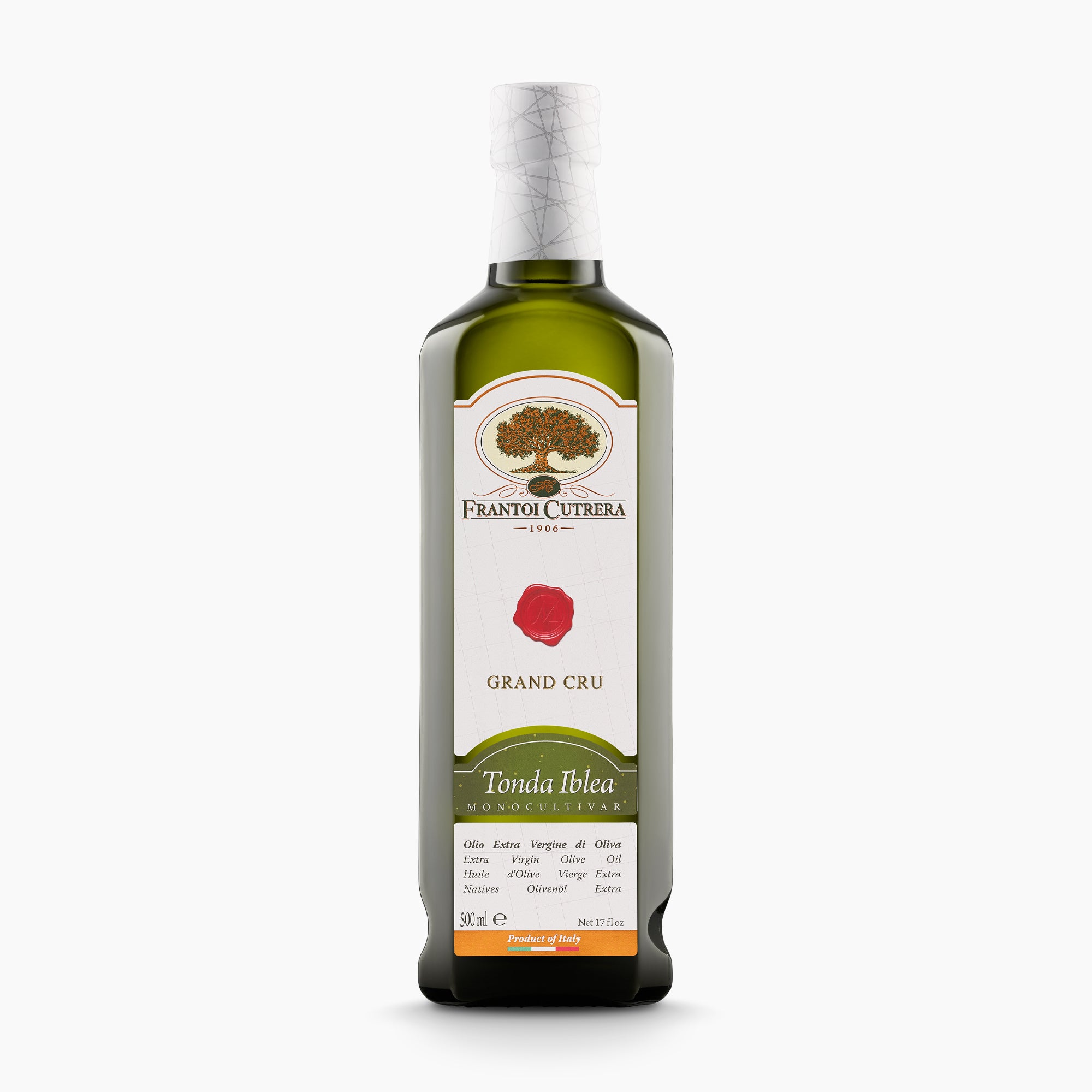 A 500 ml bottle of Frantoi Cutrera Grand Cru Tonda Iblea from Sicily, Italy.
