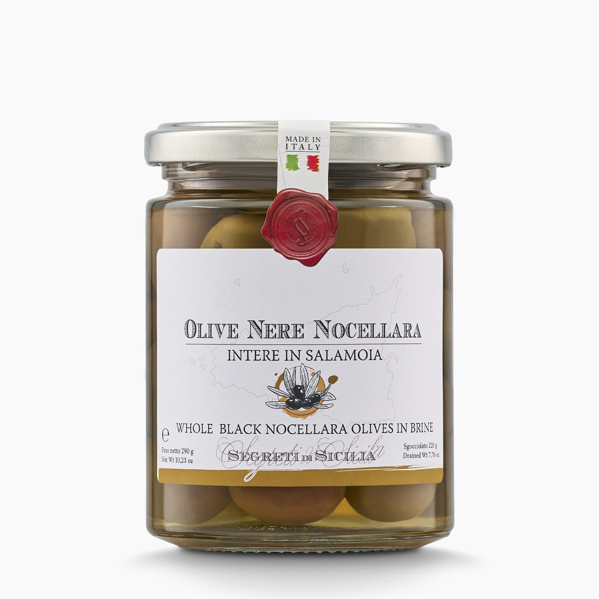 290g jar of Frantoi Cutrera Black Nocellara del Belice Olives in Brine.
