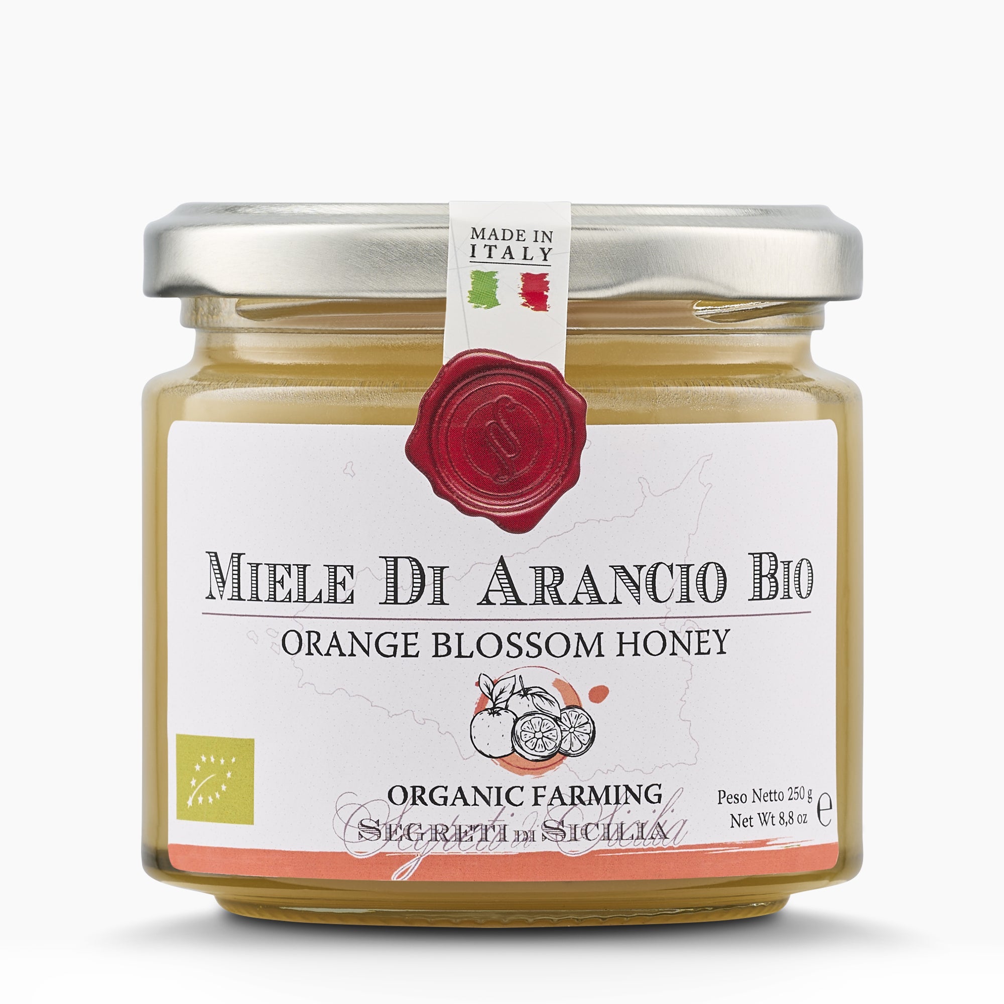 250g jar of Frantoi Cutrera Organic Orange Blossom Honey from Italy.