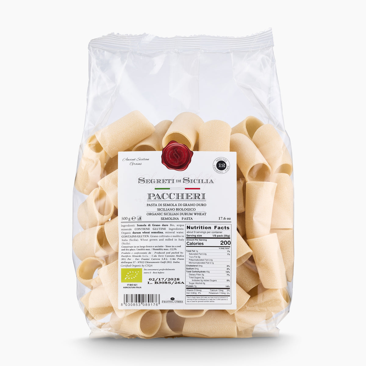 500gr bag of Frantoi Cutrera Organic Paccheri from Italy.