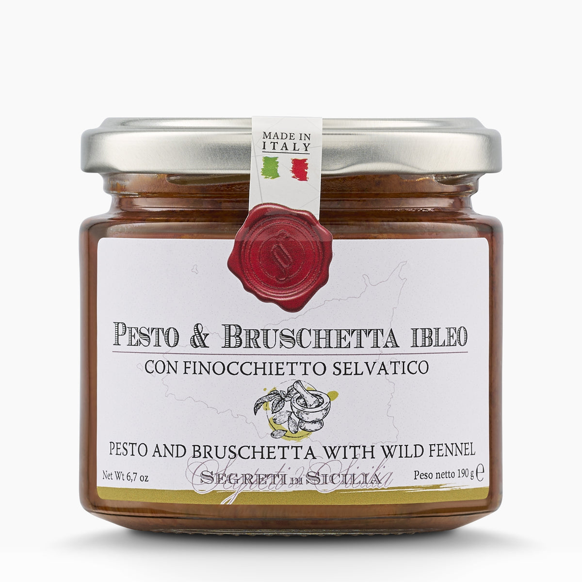 Frantoi Cutrera Pesto and Bruschetta in a 190g glass jar.