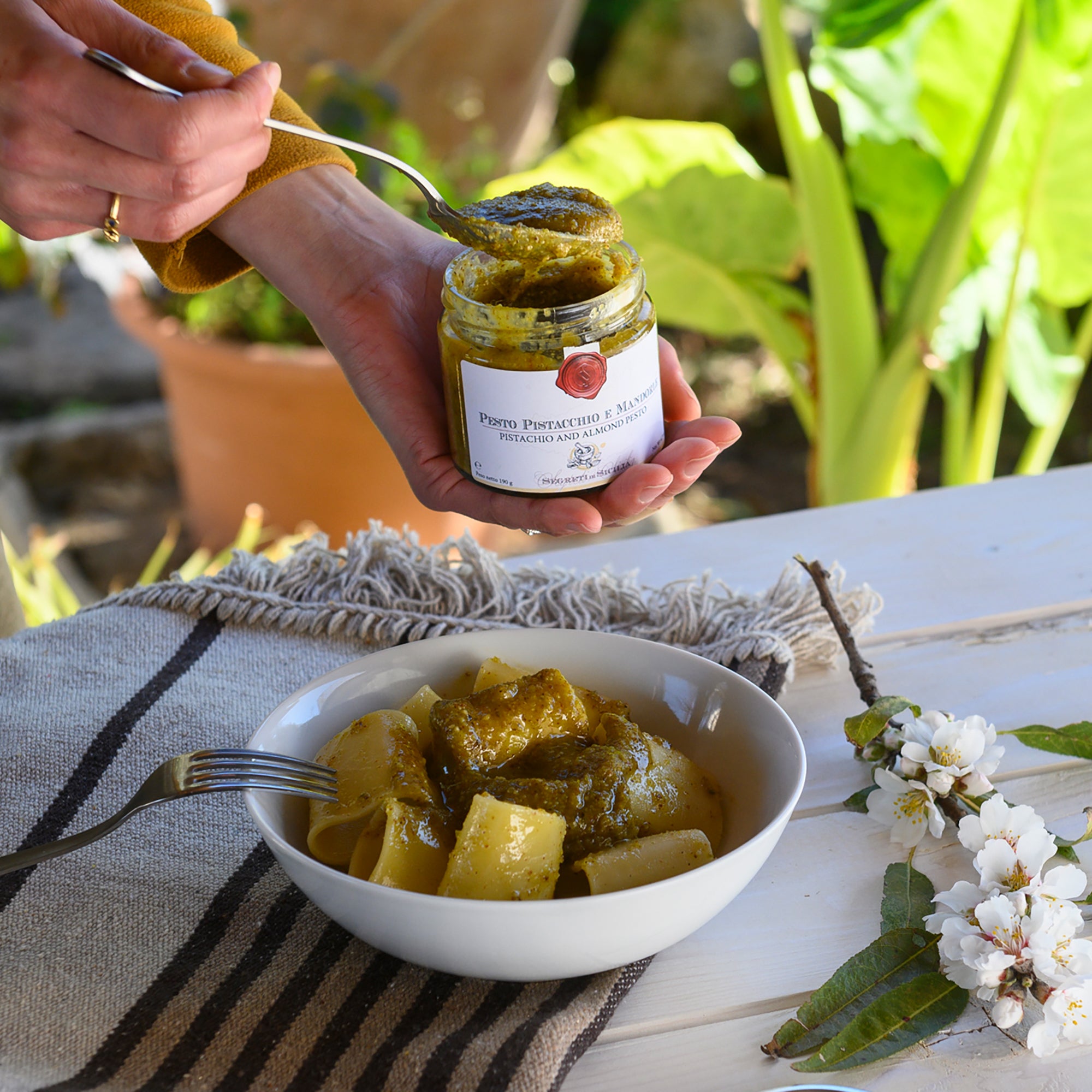 Frantoi Cutrera Organic Paccheri dressed with Frantoi Cutrera Pistachio and Almond Pesto.