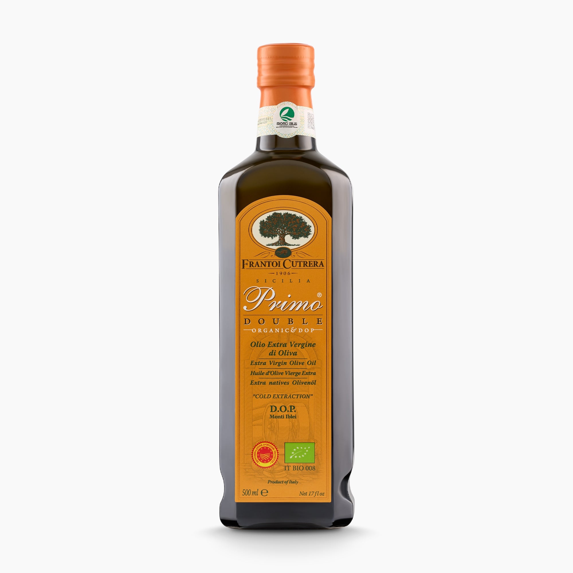 A 500 ml bottle of Frantoi Cutrera Primo Double Organic PDO Monte Iblei, extra virgin olive oil from Sicily.
