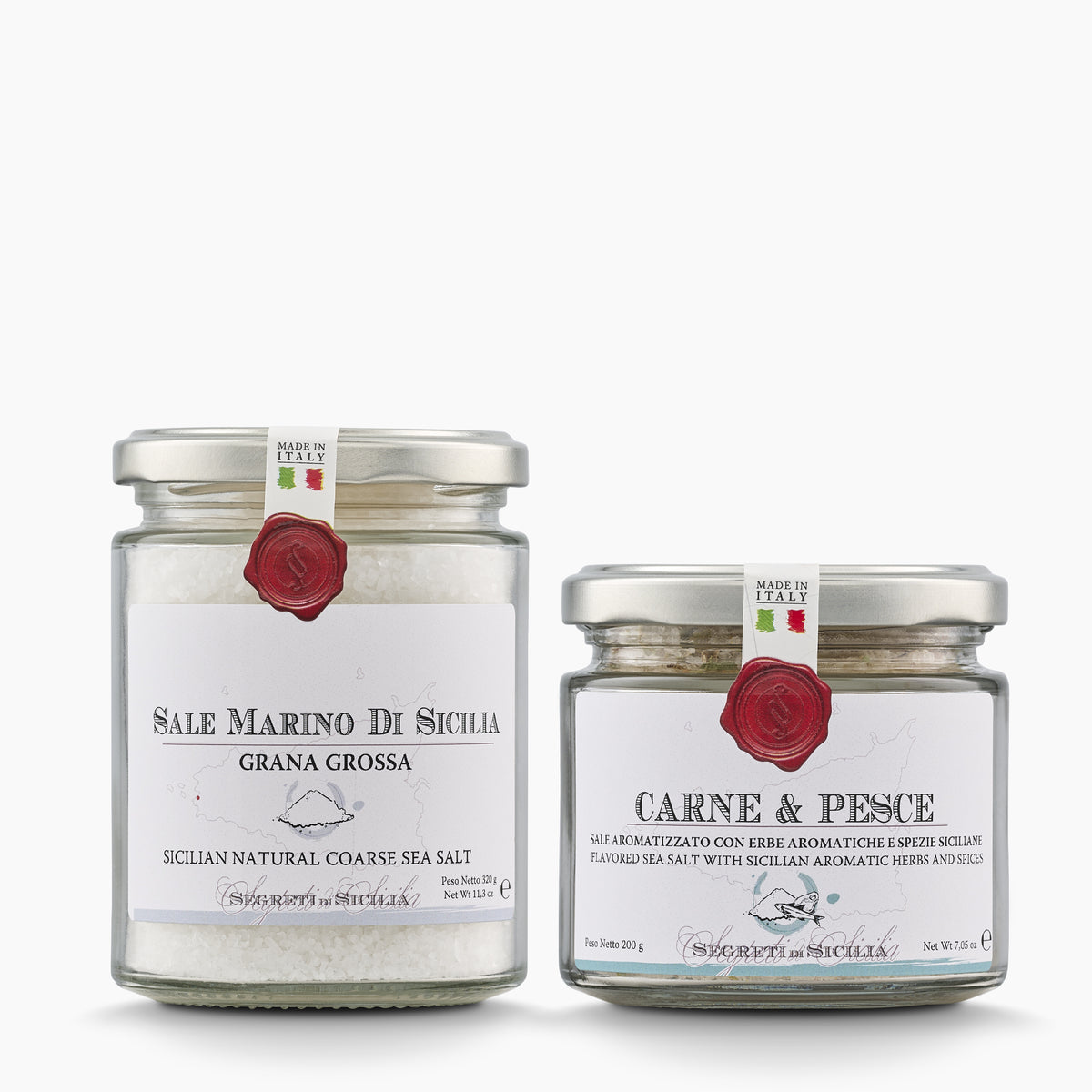 Frantoi Cutrera Set with Sicilian Natural Coarse Sea Salt, and Carne & Pesce Sicilian Sea Salt with Herbs & Spices.