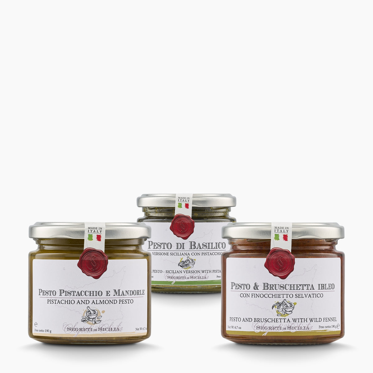 Frantoi Cutrera Sicilian Pesto Pack with three 190g jars of assorted pesto varieties.