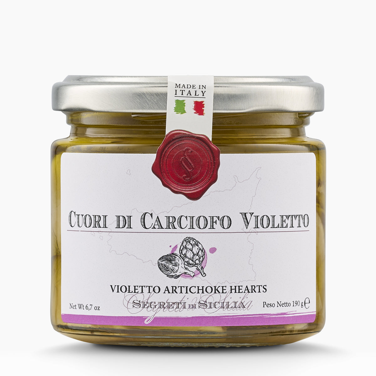 190g jar of Frantoi Cutrera Violetto Artichoke Hearts from Italy.