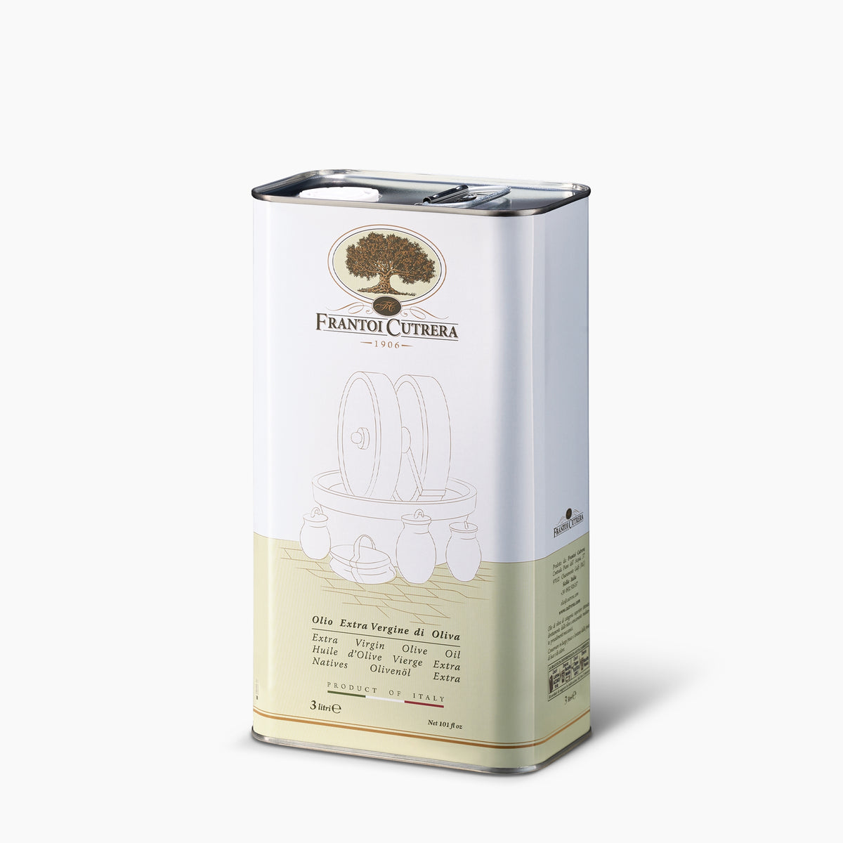 Angled view of Frantoi Cutrera 3L Tin extra virgin olive oil.