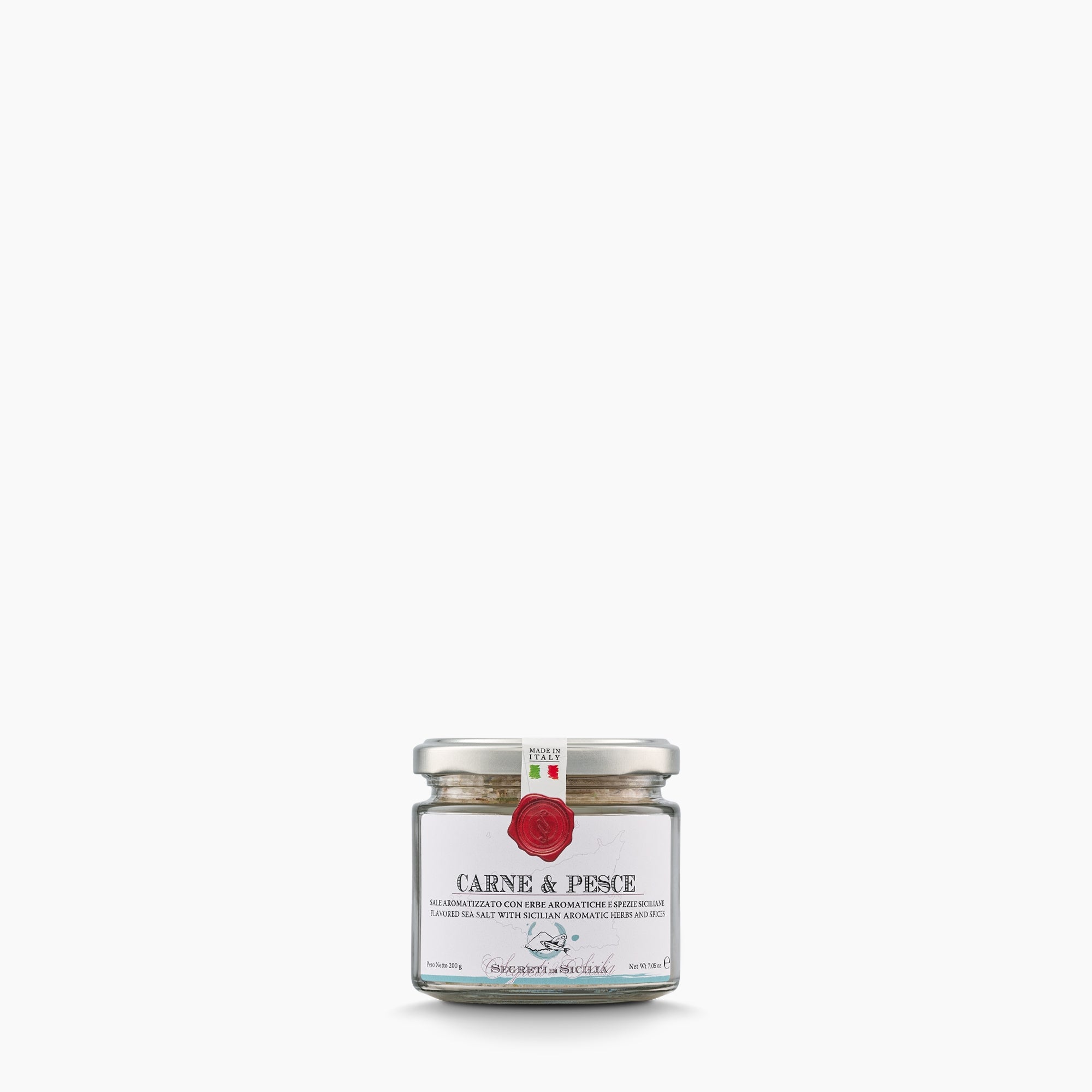 200g jar of Frantoi Cutrera Carne & Pesce Sicilian Sea Salt with Herbs & Spices.