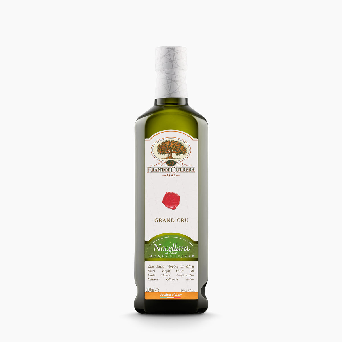 A 500 ml bottle of Frantoi Cutrera Grand Cru Nocellara del Belice extra virgin olive oil.