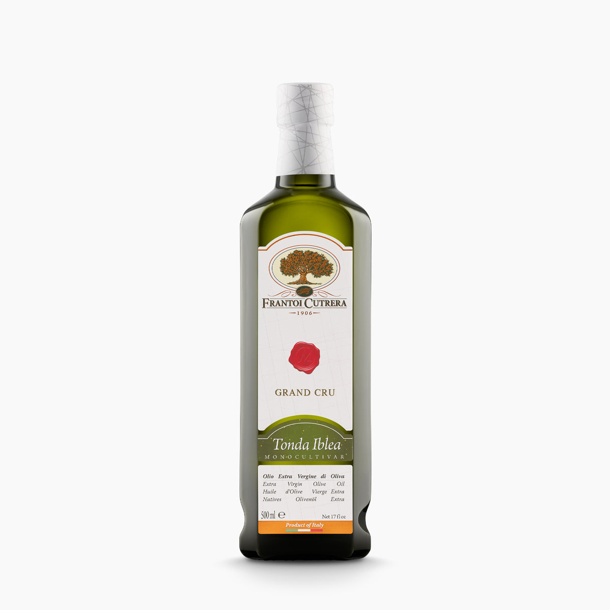 A 500 ml bottle of Frantoi Cutrera Grand Cru Tonda Iblea from Sicily, Italy.