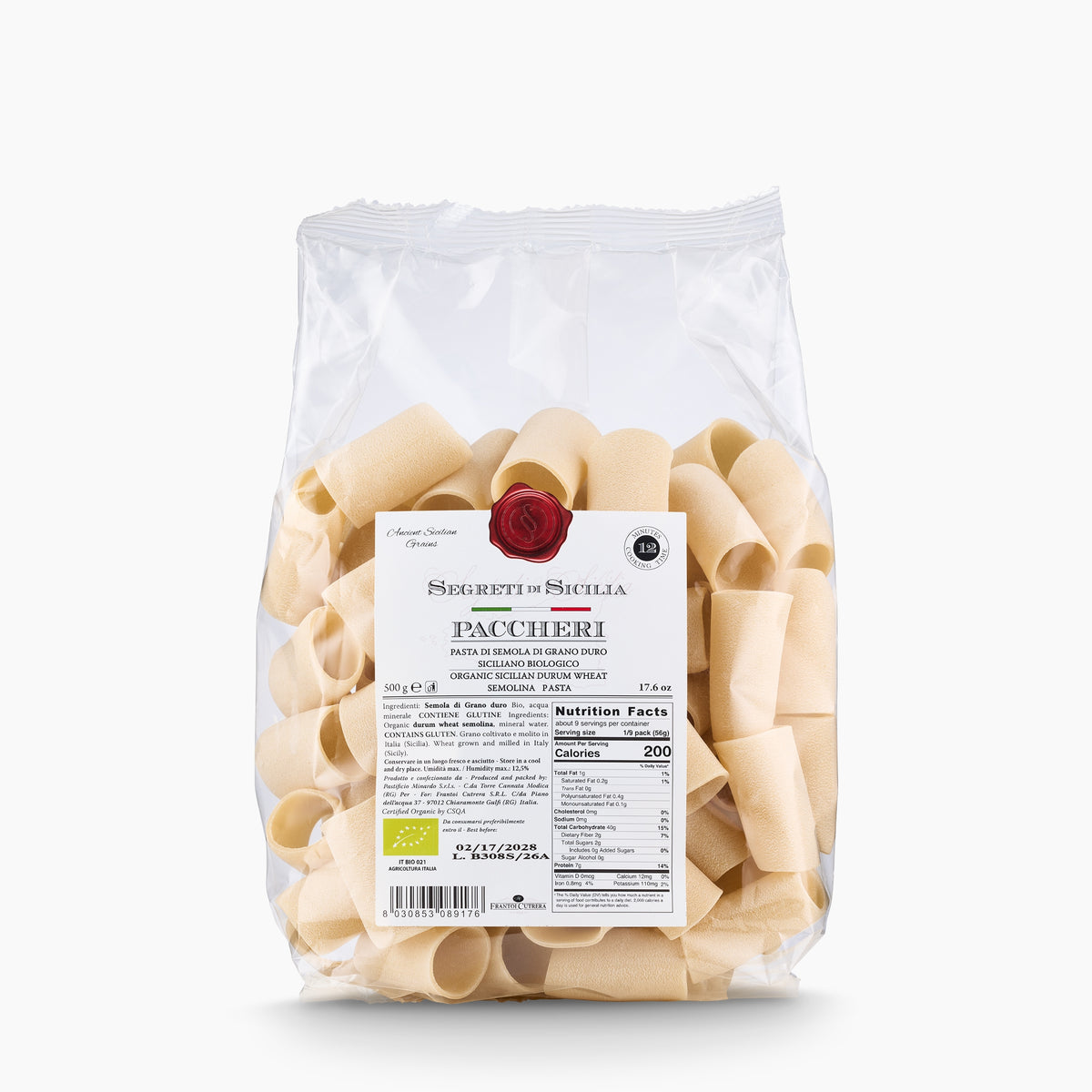500gr bag of Frantoi Cutrera Organic Paccheri from Italy.