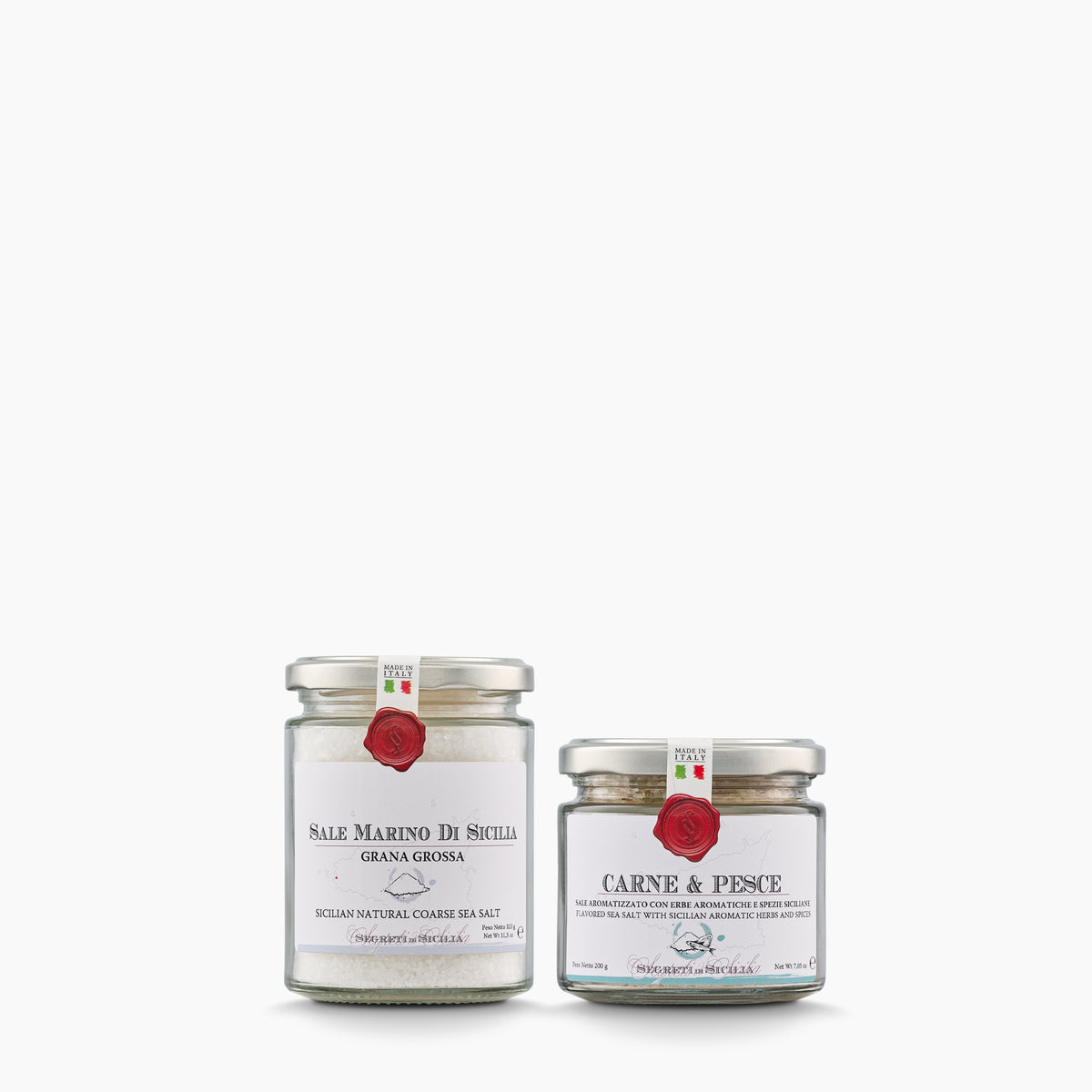 Frantoi Cutrera Set with Sicilian Natural Coarse Sea Salt, and Carne & Pesce Sicilian Sea Salt with Herbs & Spices.