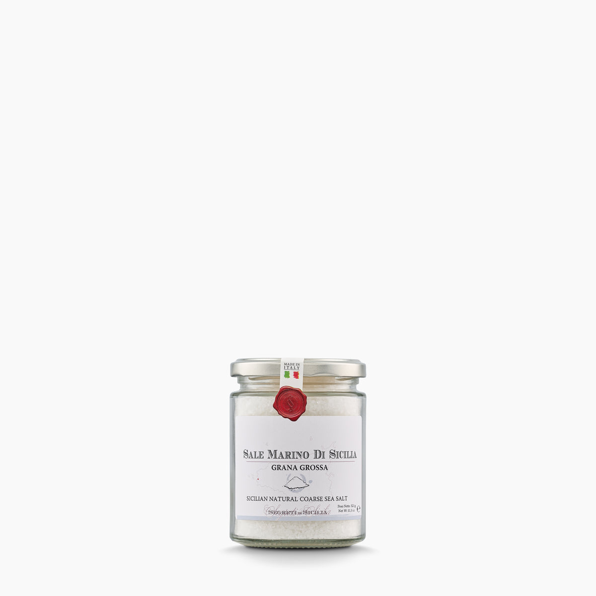 320g glass jar of Frantoi Cutrera Sicilian Natural Coarse Sea Salt from Italy.