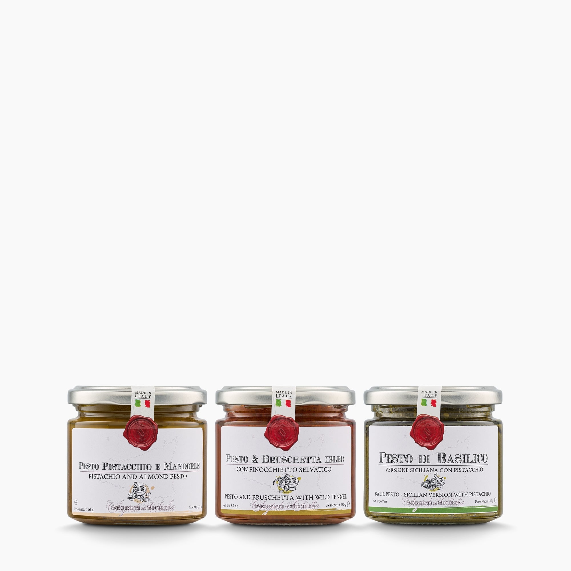 Frantoi Cutrera Sicilian Pesto Pack with three 190g jars of assorted pesto varieties.