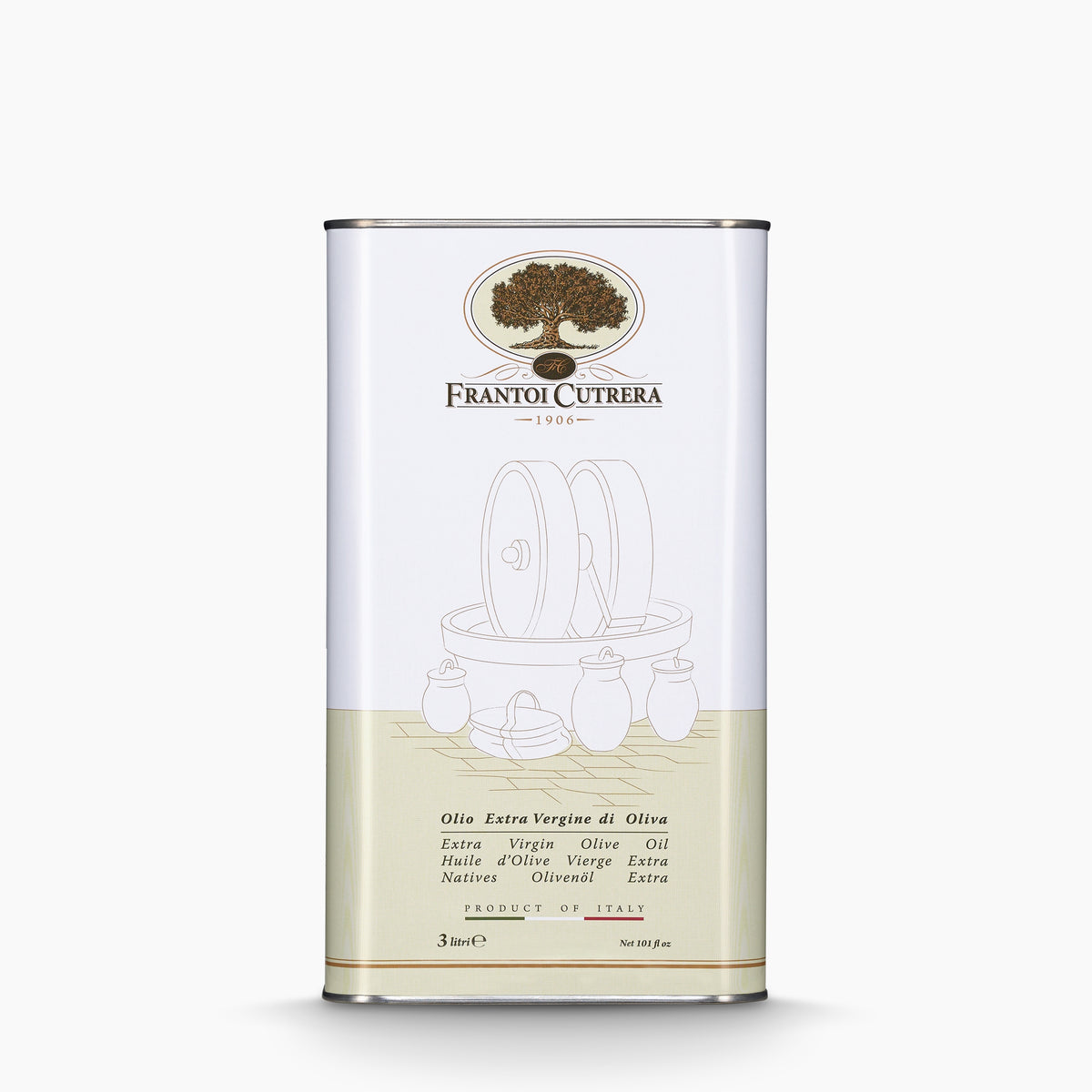 A 3L Tin of Frantoi Cutrera extra virgin olive oil.