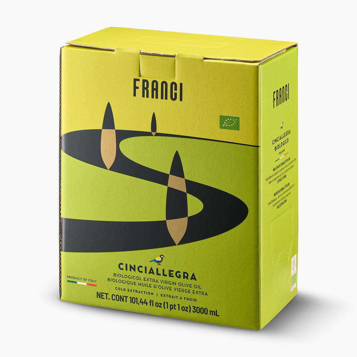 Angled view of Franci Bio Organic 3L Bag-in-Box extra virgin olive oil from Tuscany, Italy.