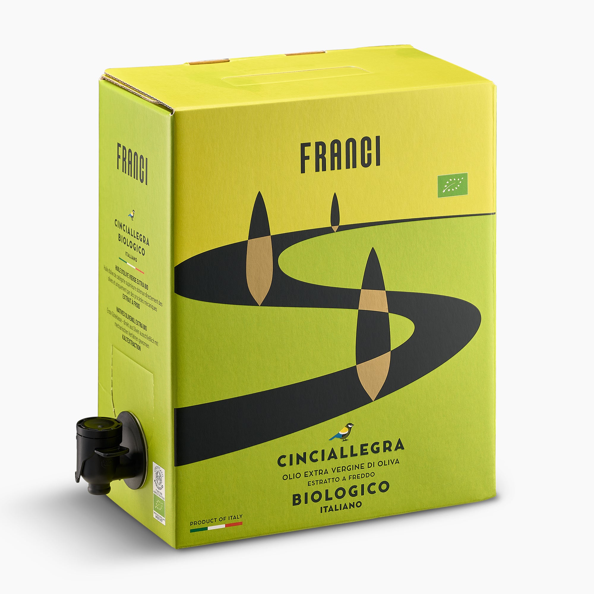 Franci Bio Organic 3L Bag-in-Box with a black dispensing spout extended.