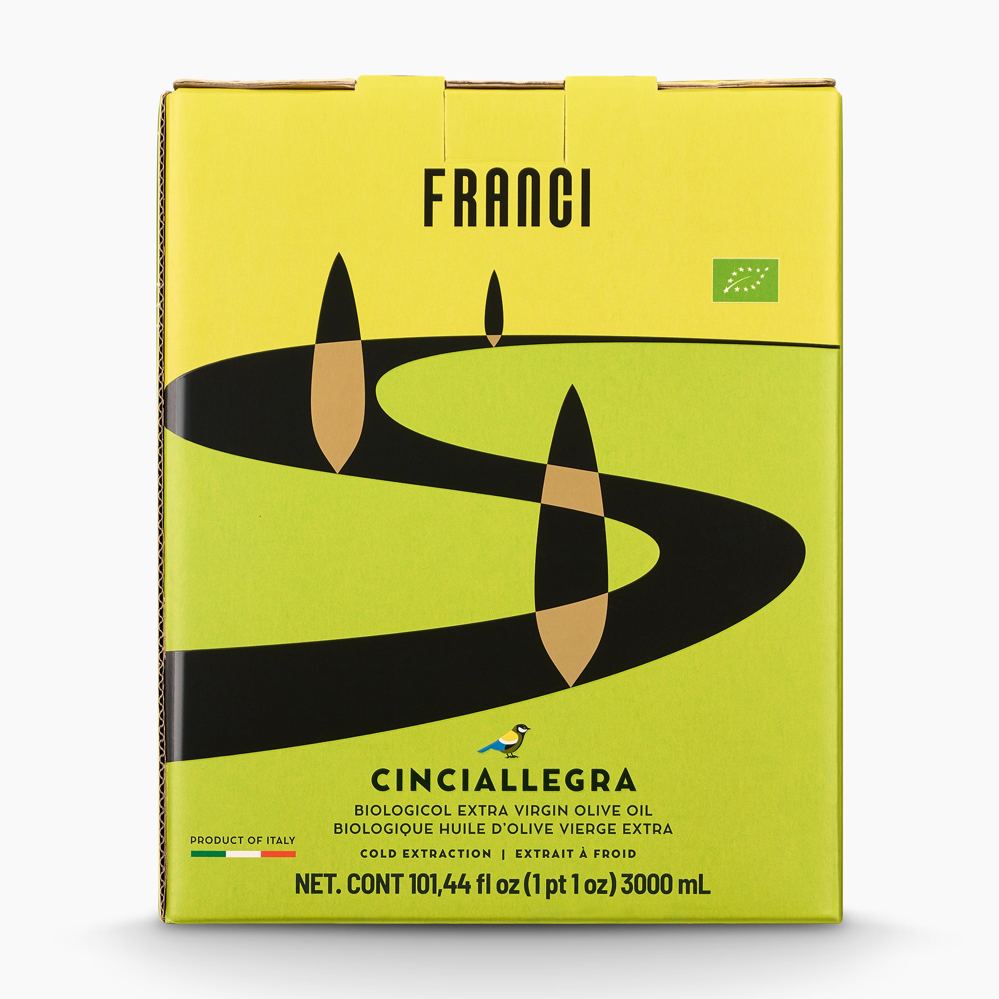 Front view of Franci Bio Organic 3L Bag-in-Box extra virgin olive oil.