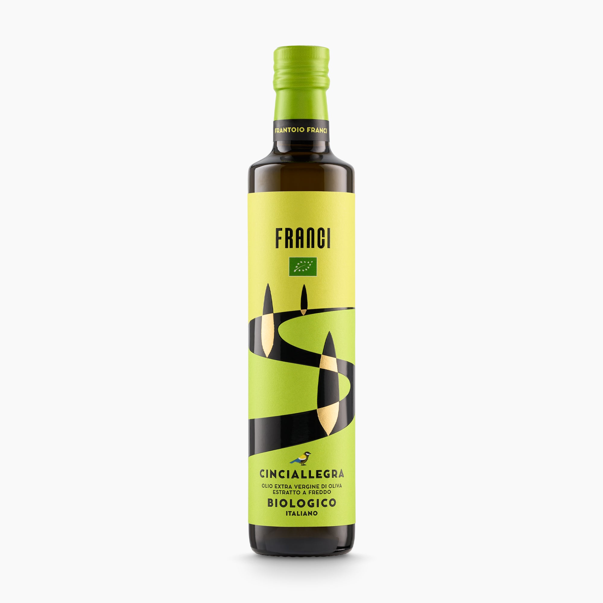 A 500 ml bottle of Franci Bio Organic extra virgin olive oil from Tuscany, Italy.