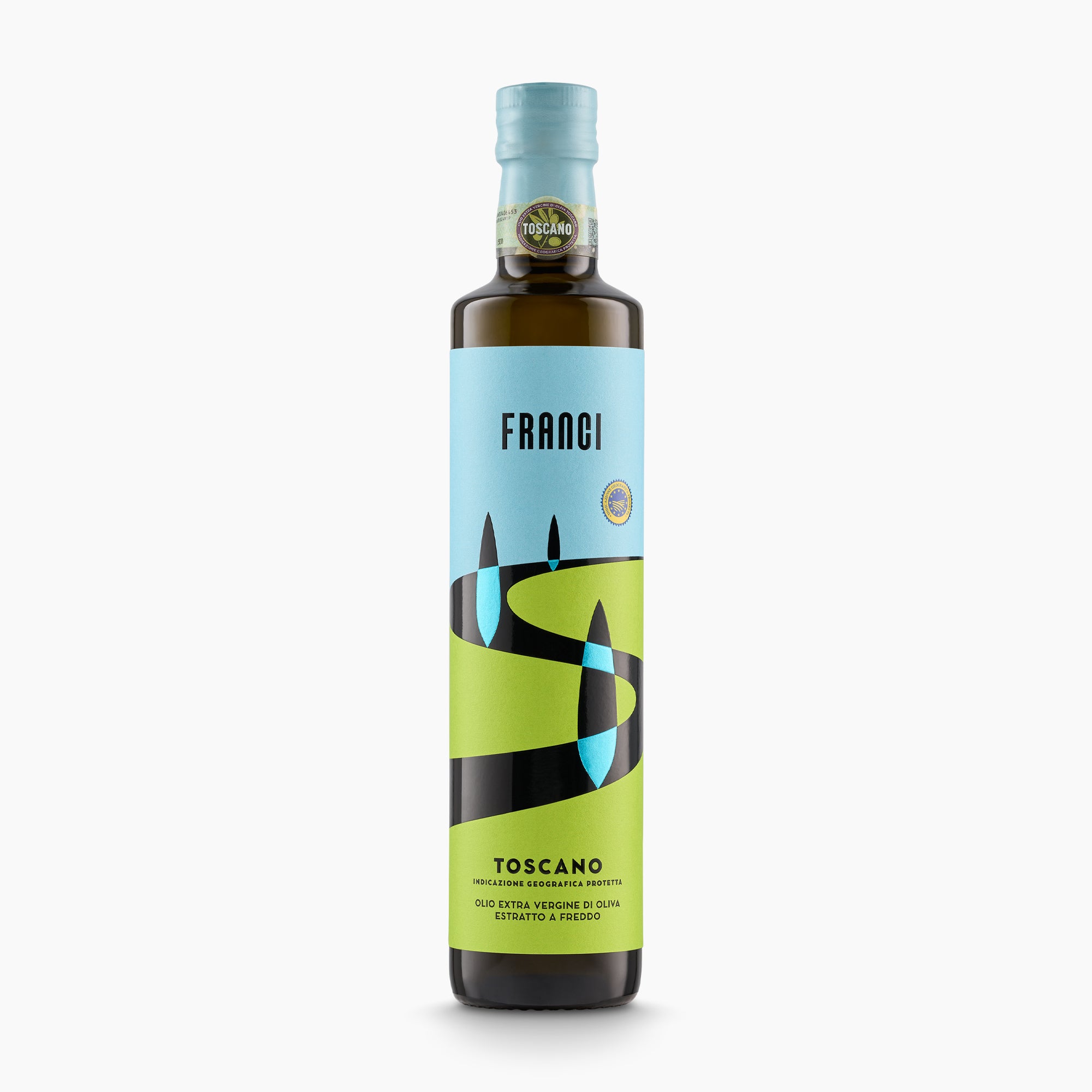 A 500 ml bottle of Franci IGP Toscano extra virgin olive oil from Tuscany, Italy.