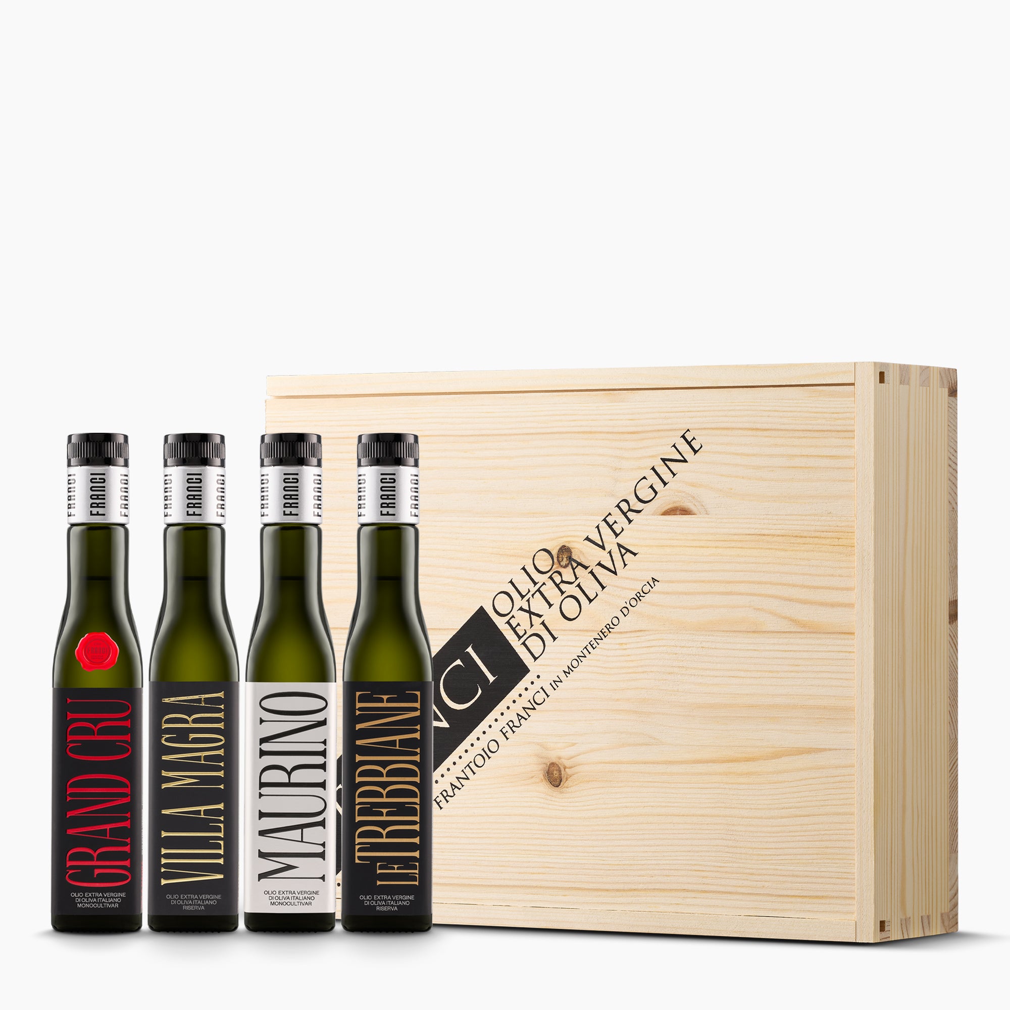 Frantoio Franci set with four 250 ml extra virgin olive oil bottles and an elegant wooden gift box.
