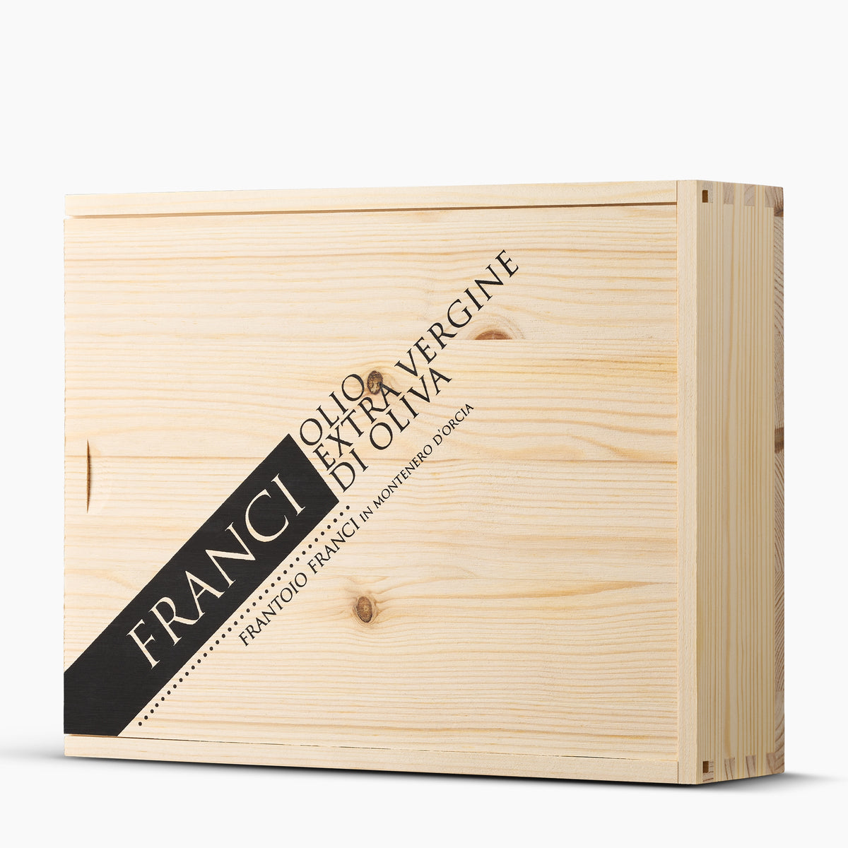 Wooden gift box for the Frantoio Franci four-bottle extra virgin olive oil set.