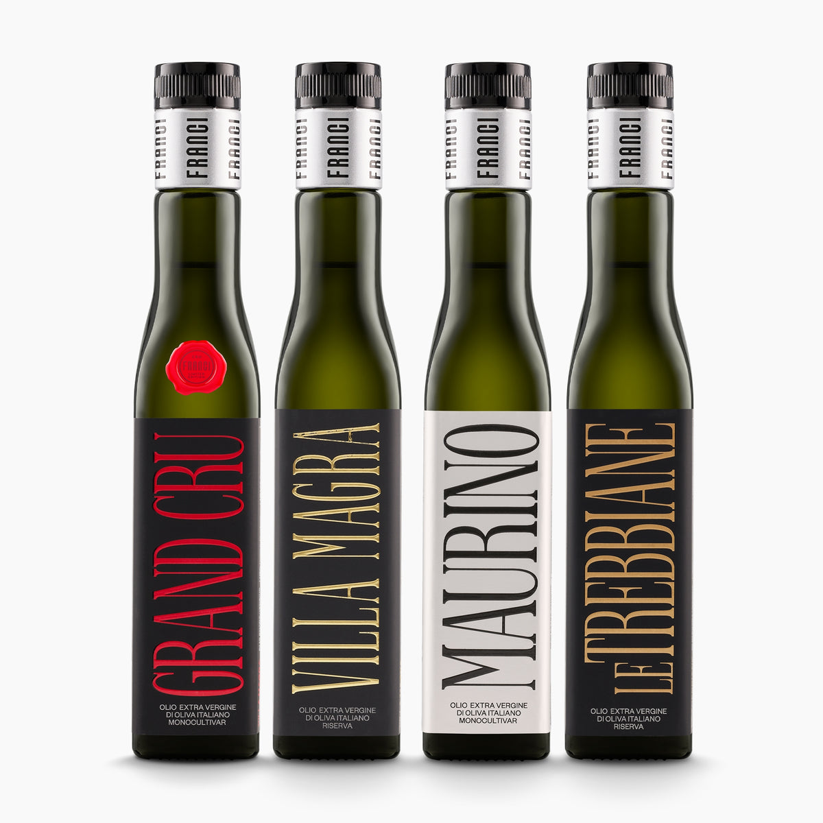 Four 250 ml Franci extra virgin olive oils: Grand Cru, Villa Magra, Maurino, and Le Trebbiane.