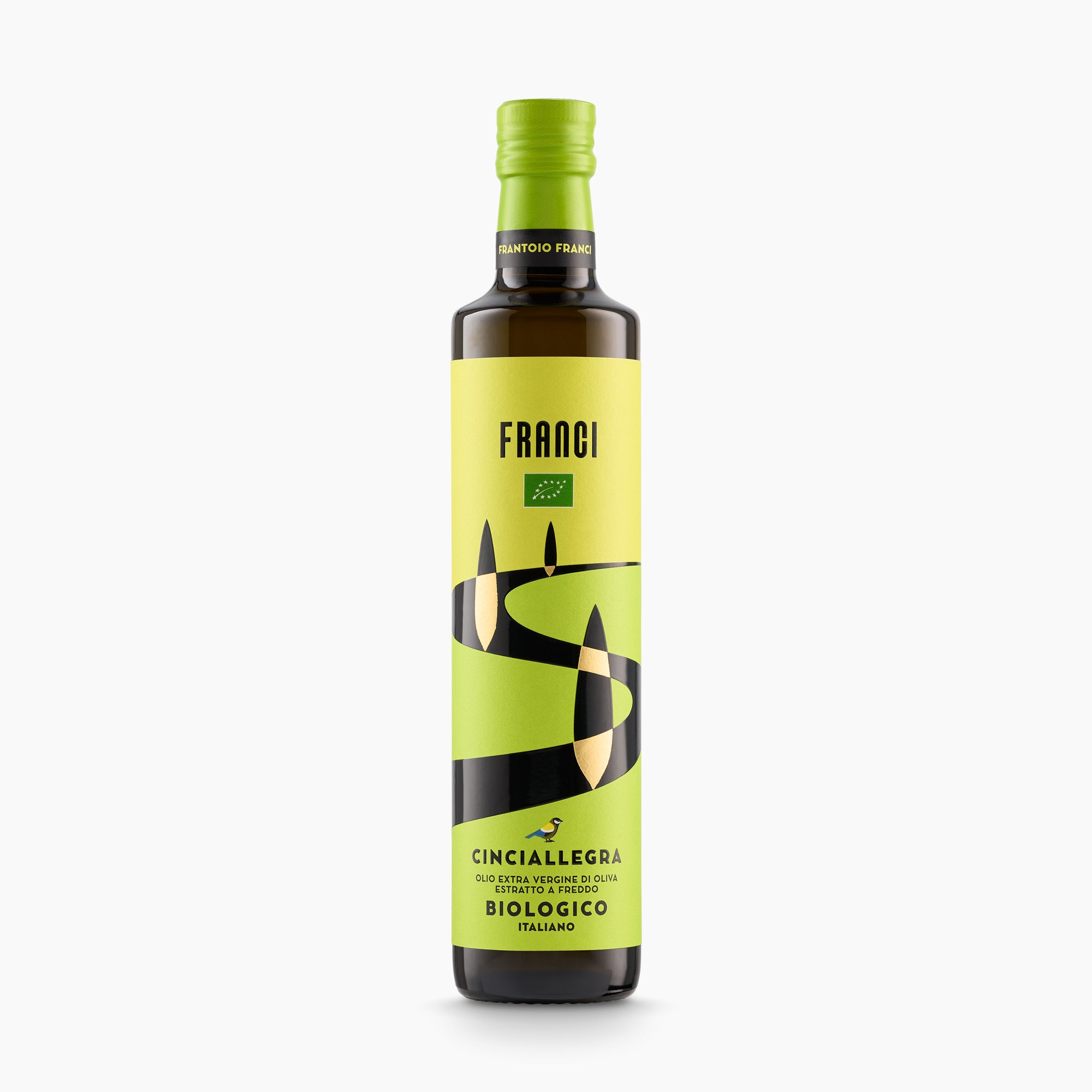 A 500 ml bottle of Franci Bio Organic extra virgin olive oil from Tuscany, Italy.