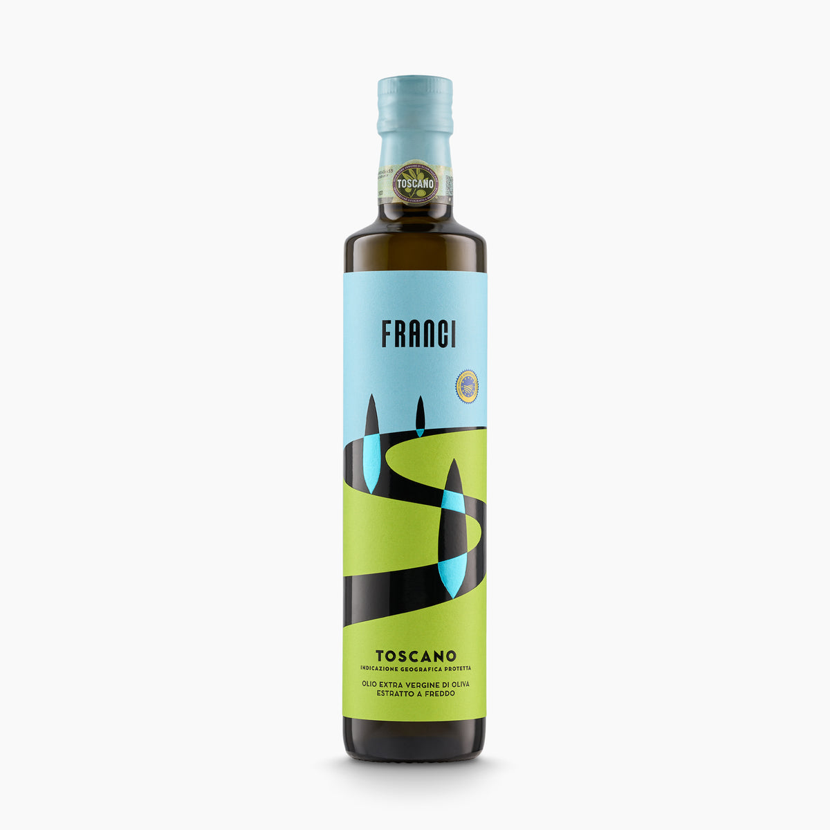 A 500 ml bottle of Franci IGP Toscano extra virgin olive oil from Tuscany, Italy.