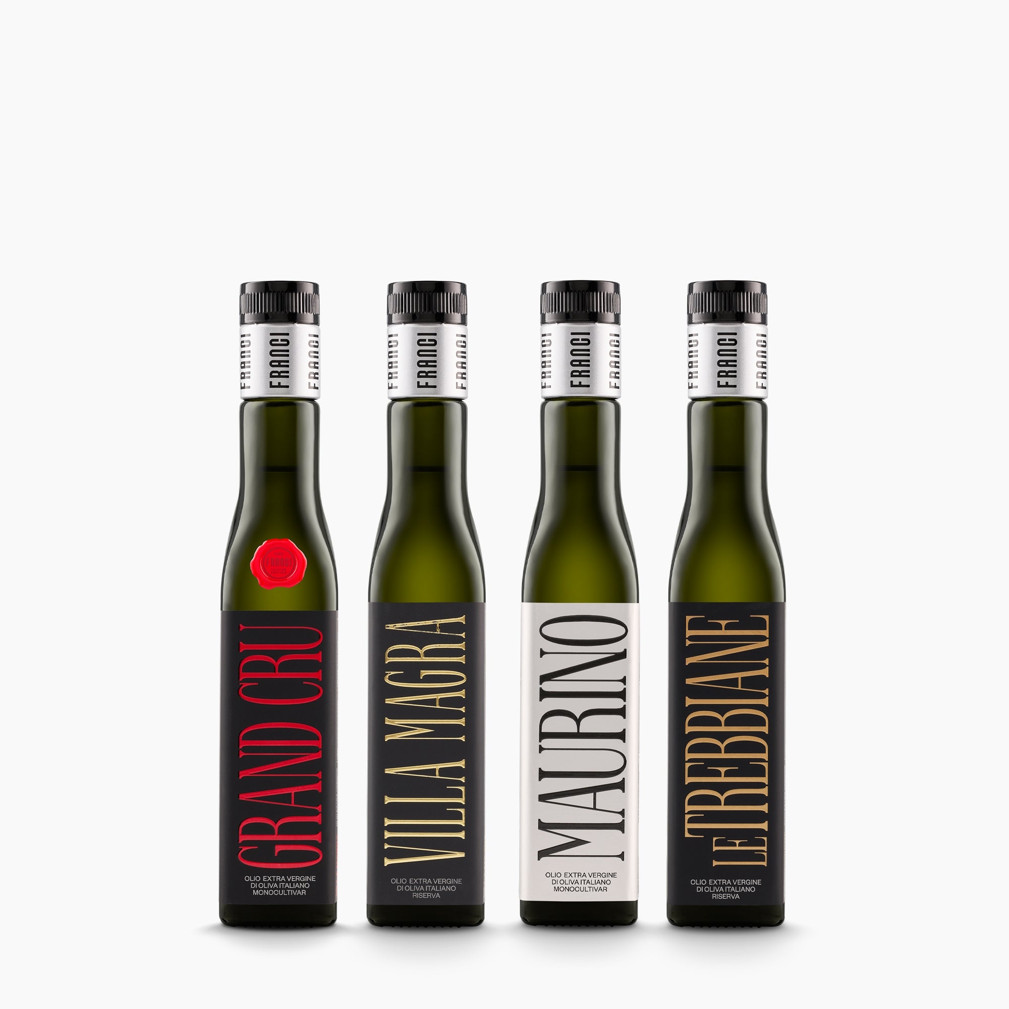 Four 250 ml Franci extra virgin olive oils: Grand Cru, Villa Magra, Maurino, and Le Trebbiane.