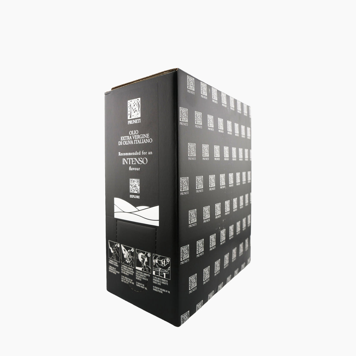 Angled view of Pruneti Intenso 3L Bag-In-Box extra virgin olive oil.