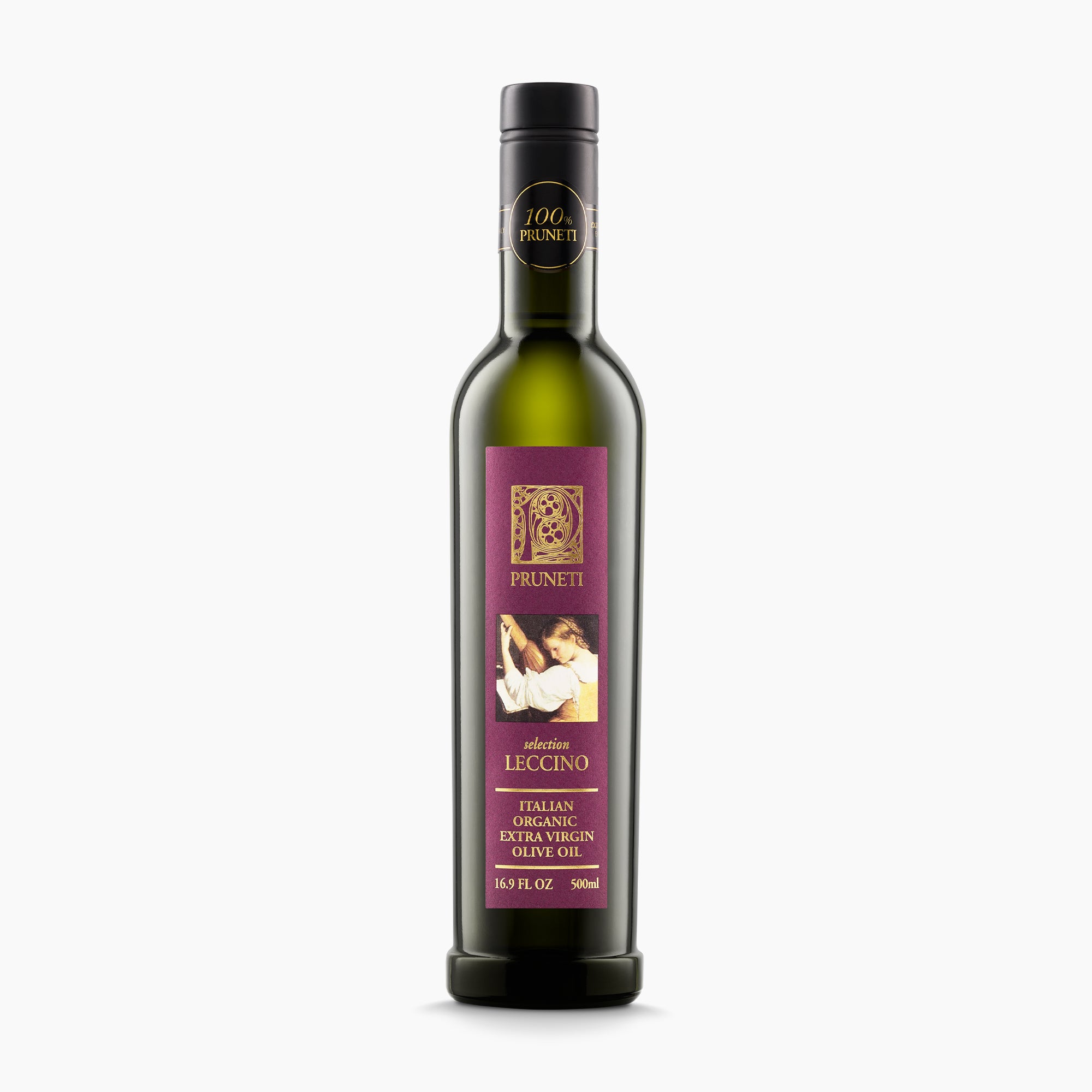 500 ml bottle of Pruneti Leccino Biologico extra virgin olive oil from Tuscany, Italy.