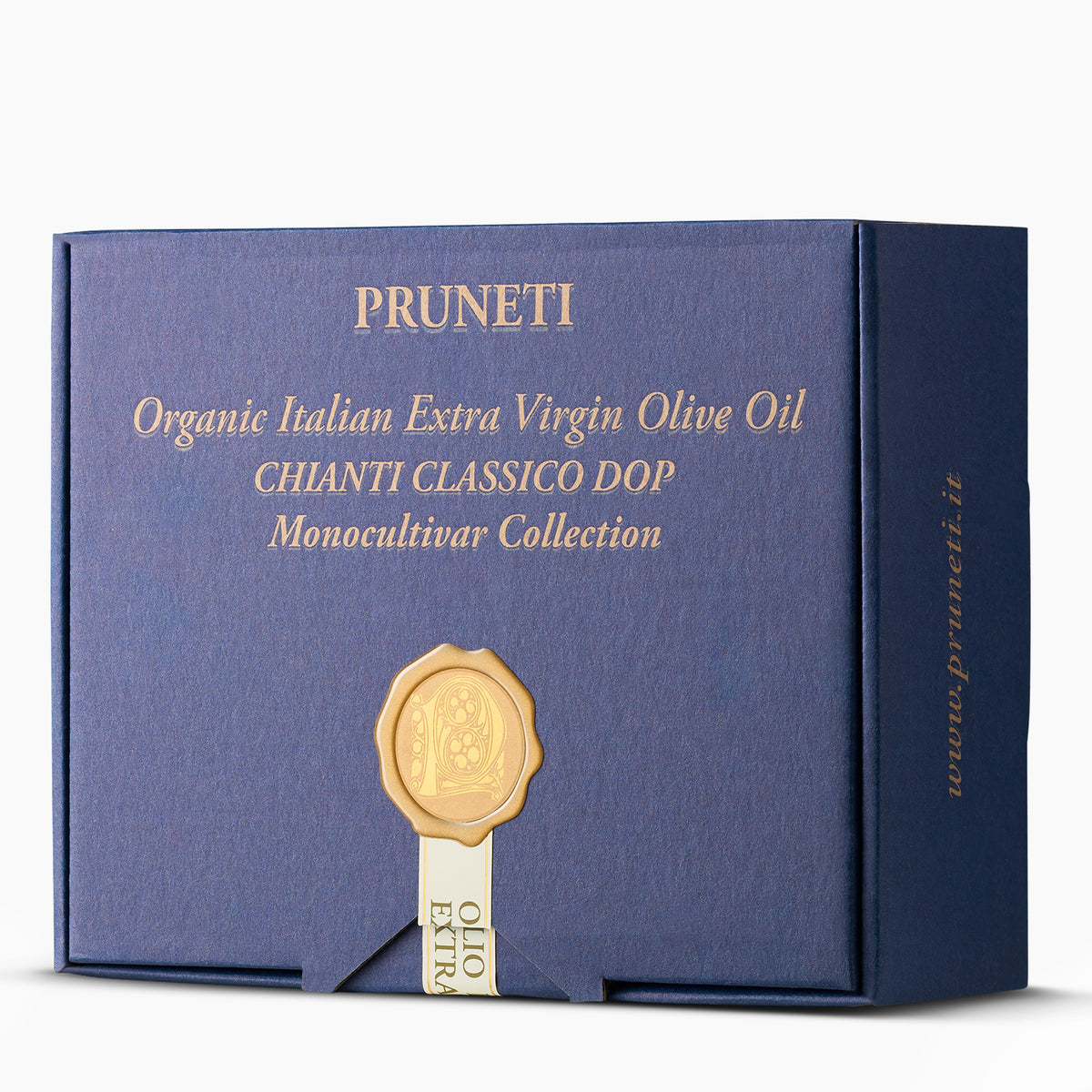 Elegant blue Pruneti Mignon Collection gift box.