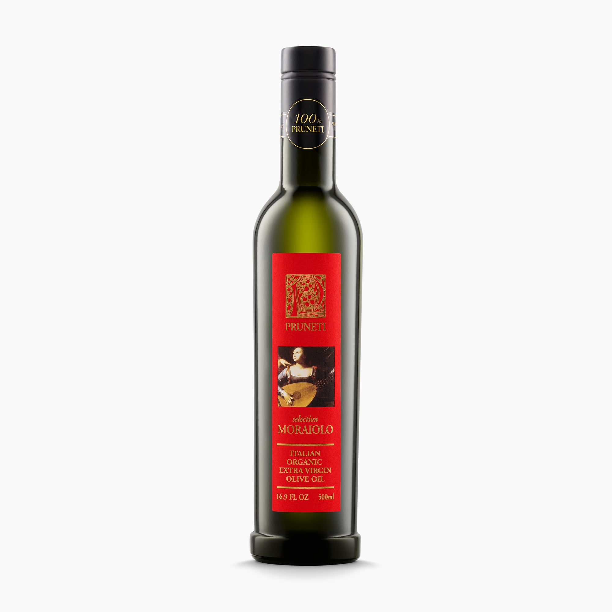 A 500 ml bottle of Pruneti Moraiolo Biologico extra virgin olive oil from Tuscany, Italy.