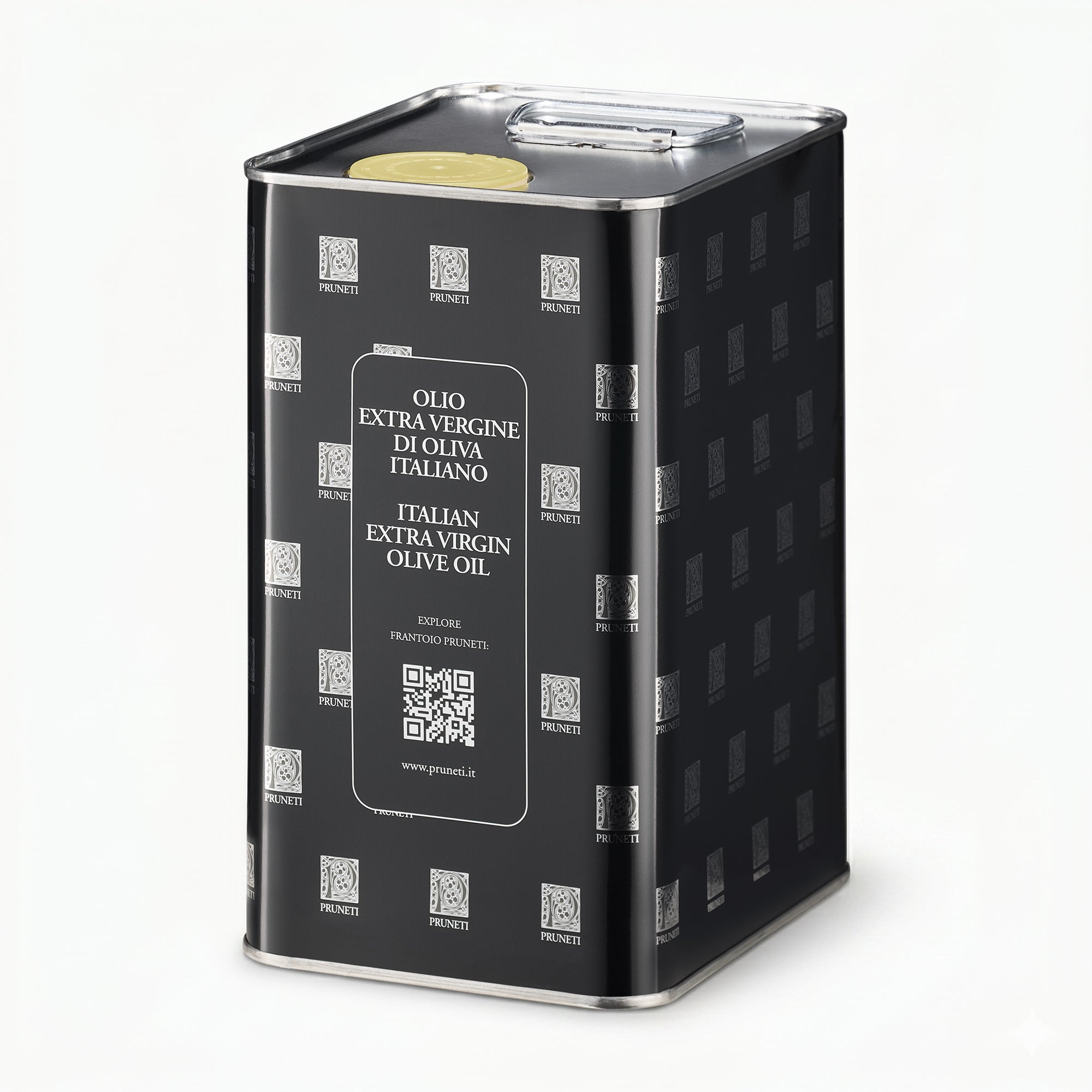 Angled view of Pruneti Organic 3L Tin extra virgin olive oil from Tuscany, Italy.