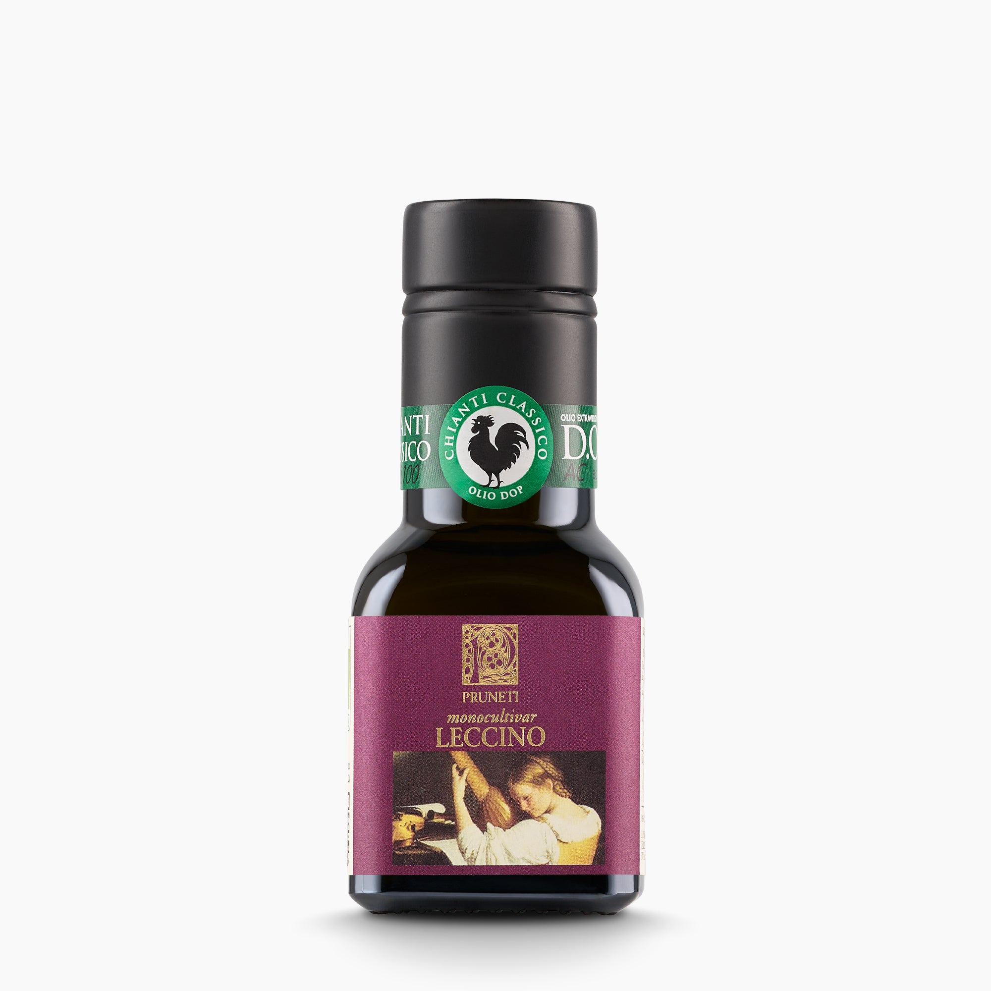 100 ml bottle of Pruneti Organic Monocultivar Leccino extra virgin olive oil.