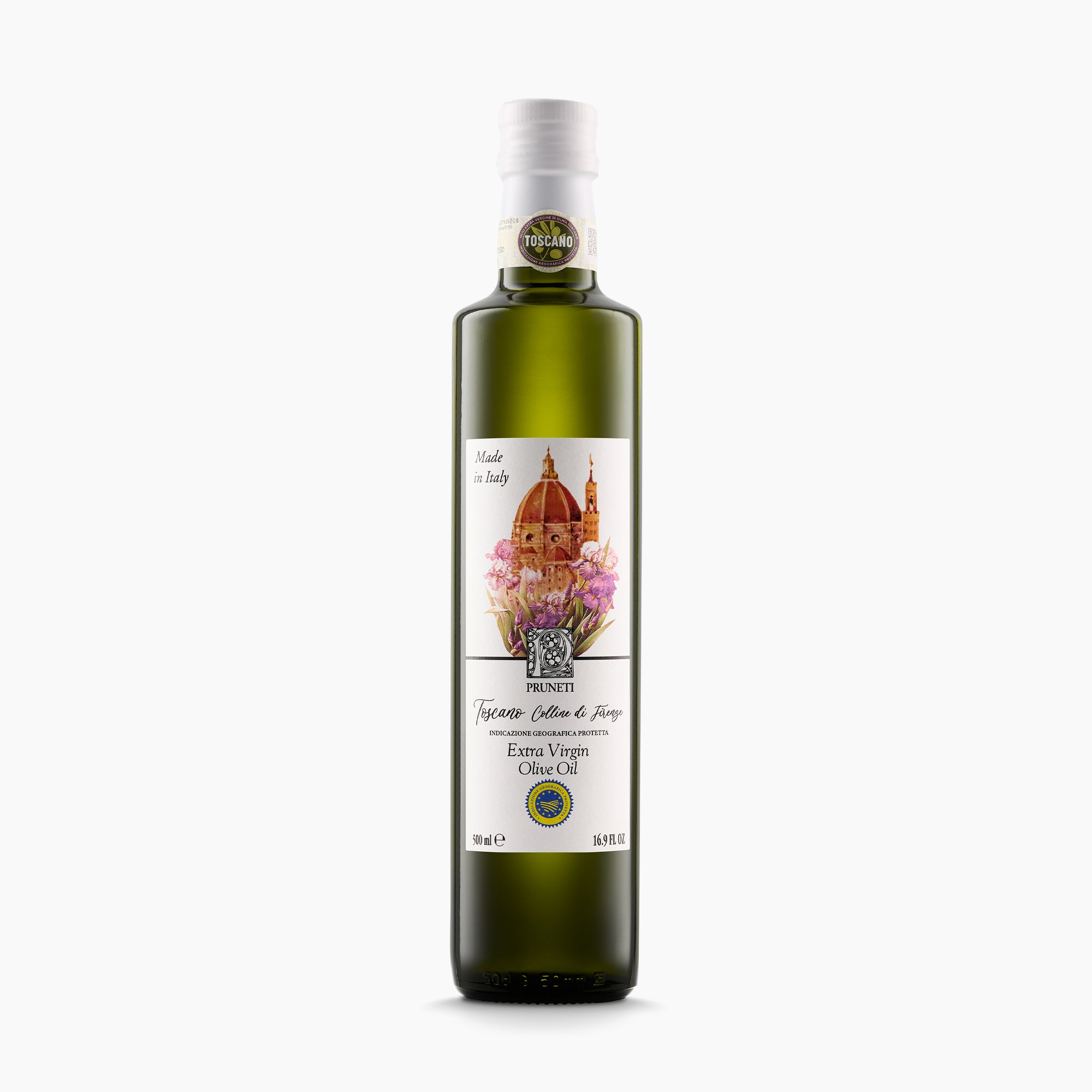 A 500 ml bottle of Pruneti Colline di Firenze IGP Toscano extra virgin olive oil.