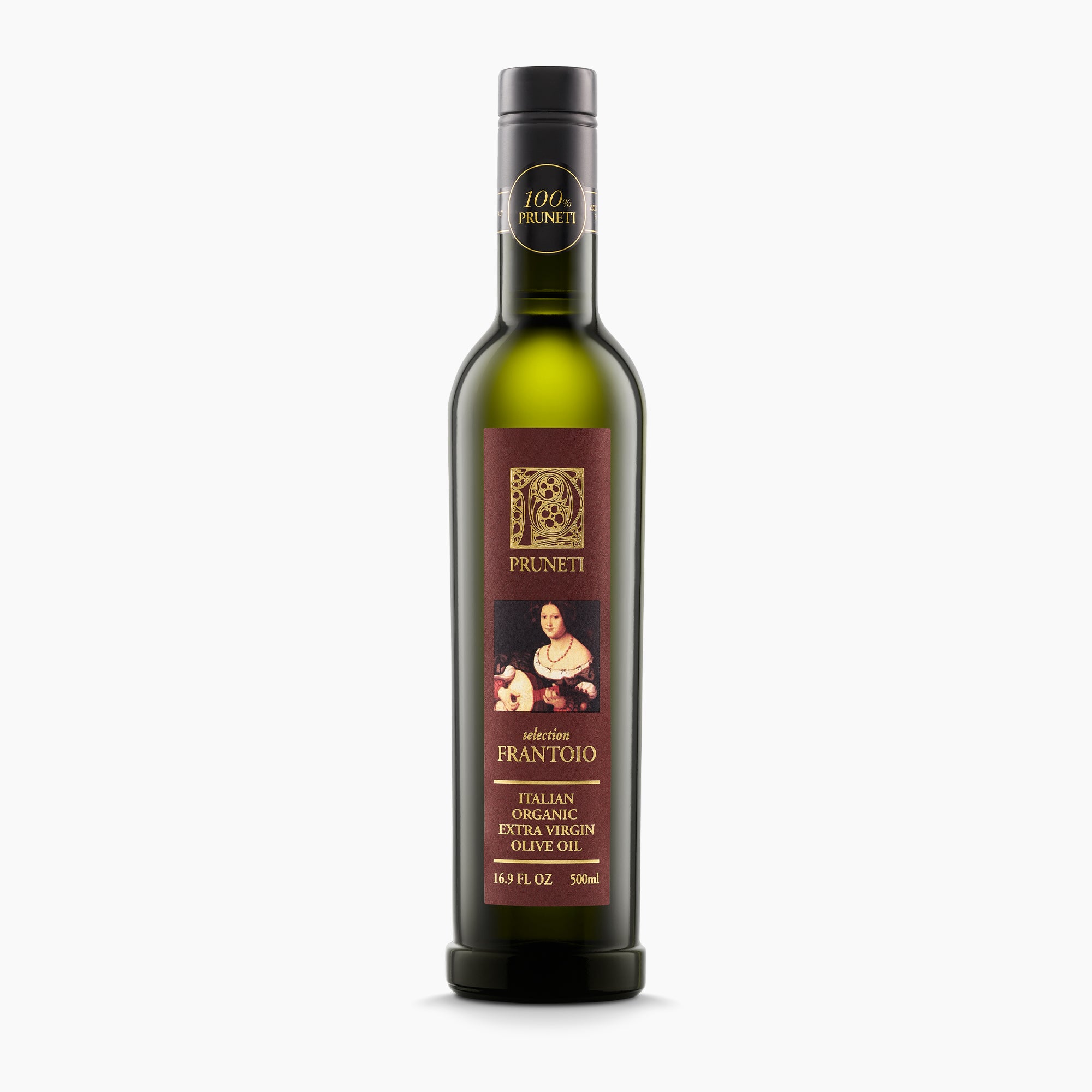 Pruneti Frantoio Biologico 500 ml organic extra virgin olive oil bottle from Tuscany, Italy.