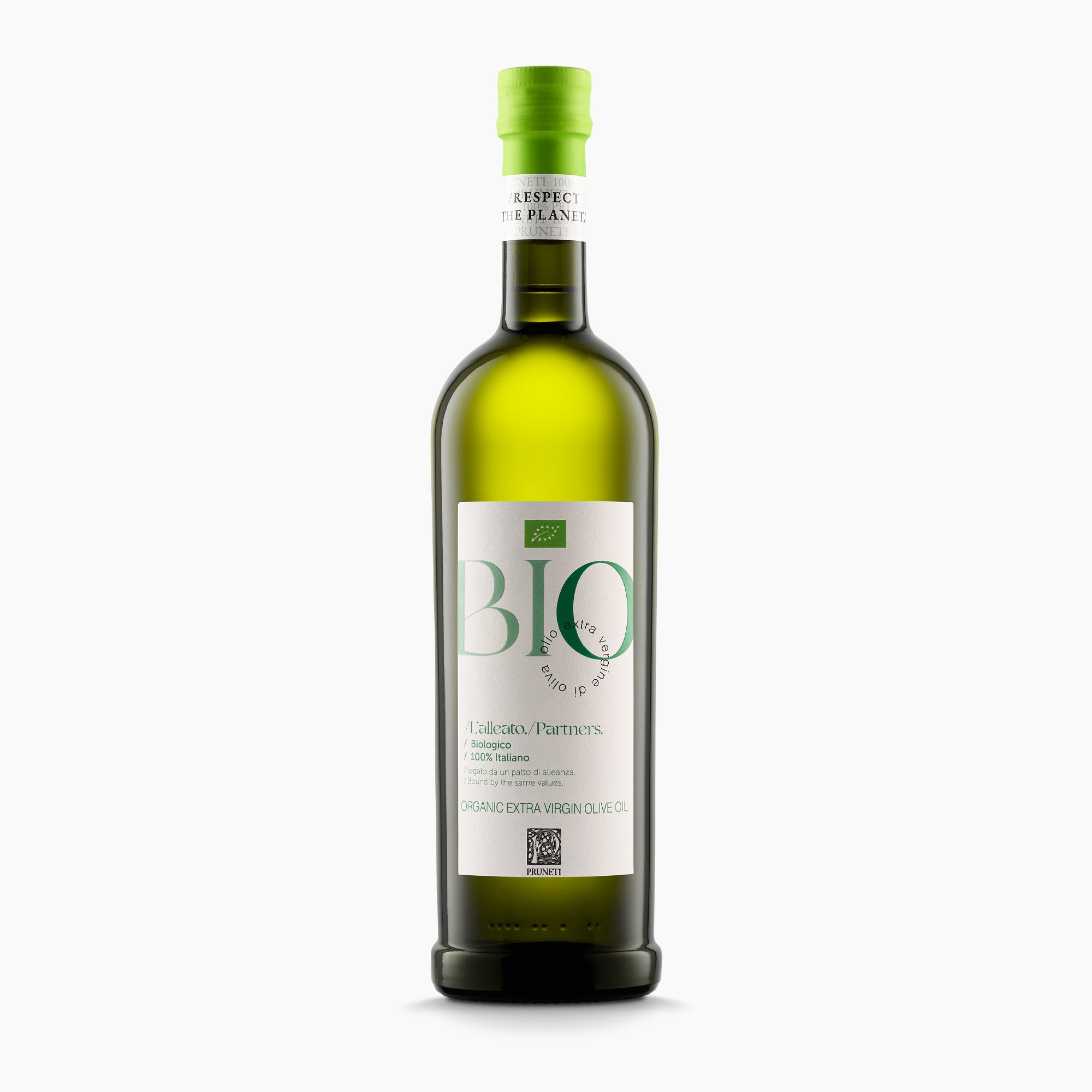 750ML bottle of Pruneti L'Alleato Organic extra virgin olive oil from Tuscany, Italy.